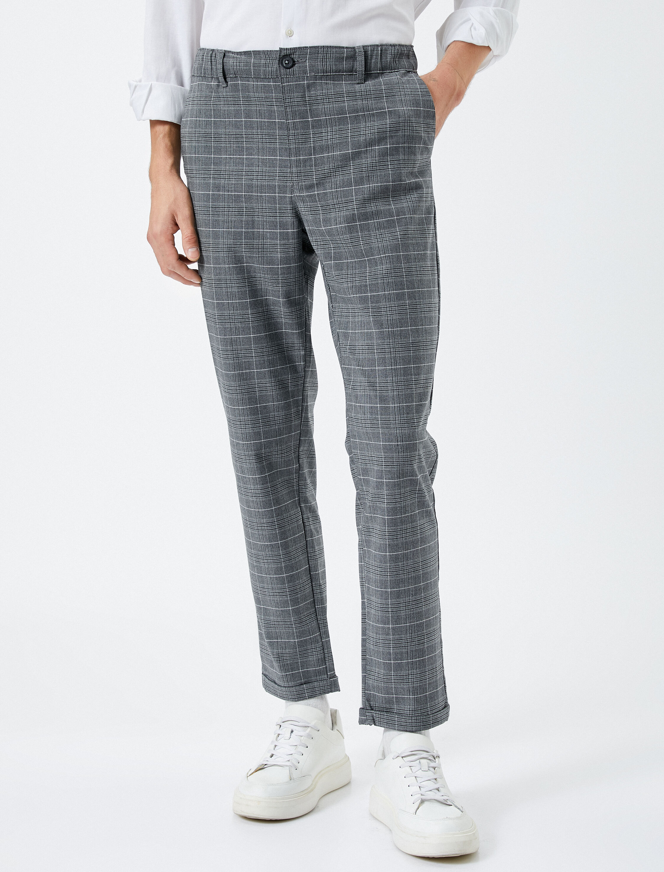   Kumaş Pantolon Ekoseli Beli Lastikli Düğmeli Dar Kesim Cepli