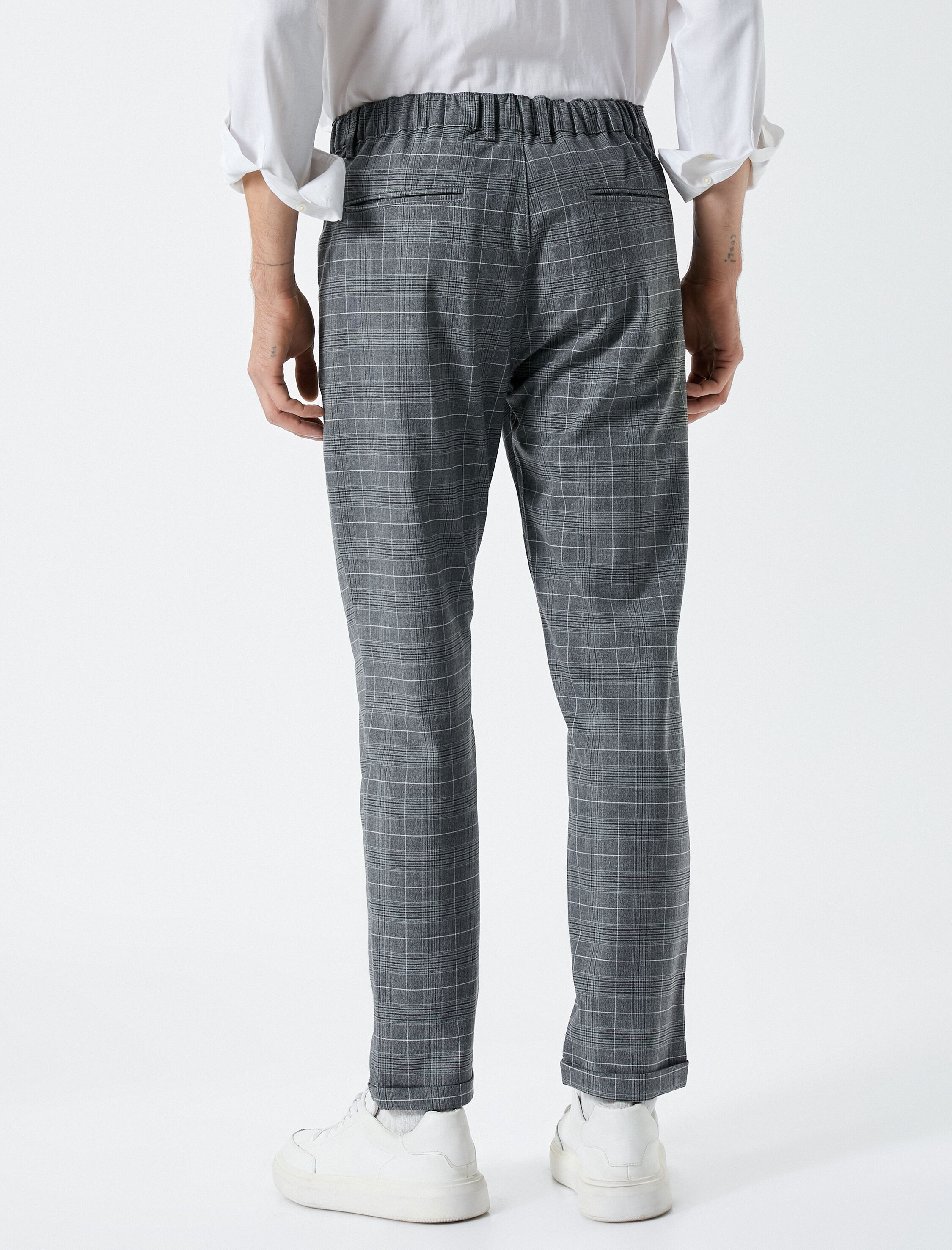   Kumaş Pantolon Ekoseli Beli Lastikli Düğmeli Dar Kesim Cepli