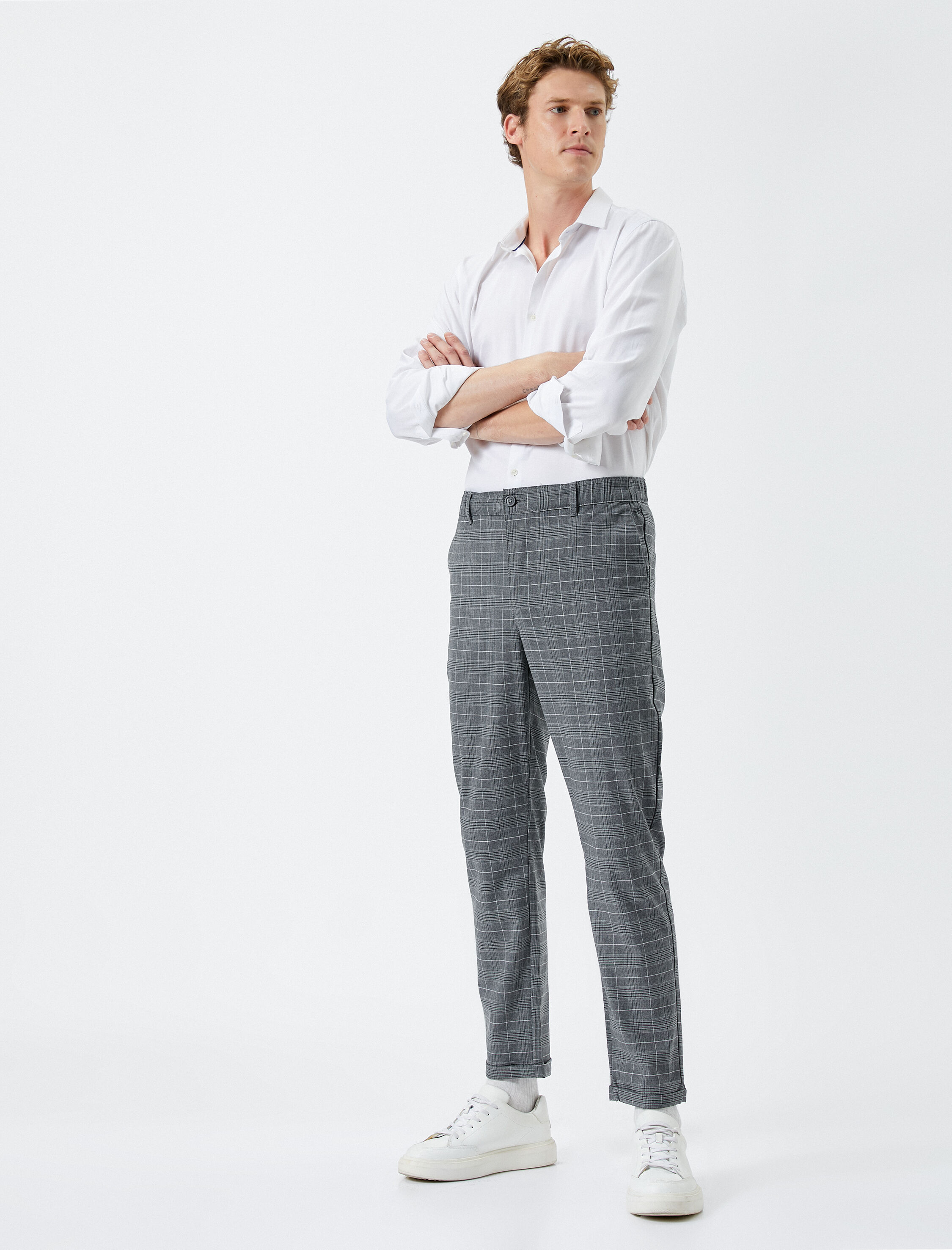   Kumaş Pantolon Ekoseli Beli Lastikli Düğmeli Dar Kesim Cepli