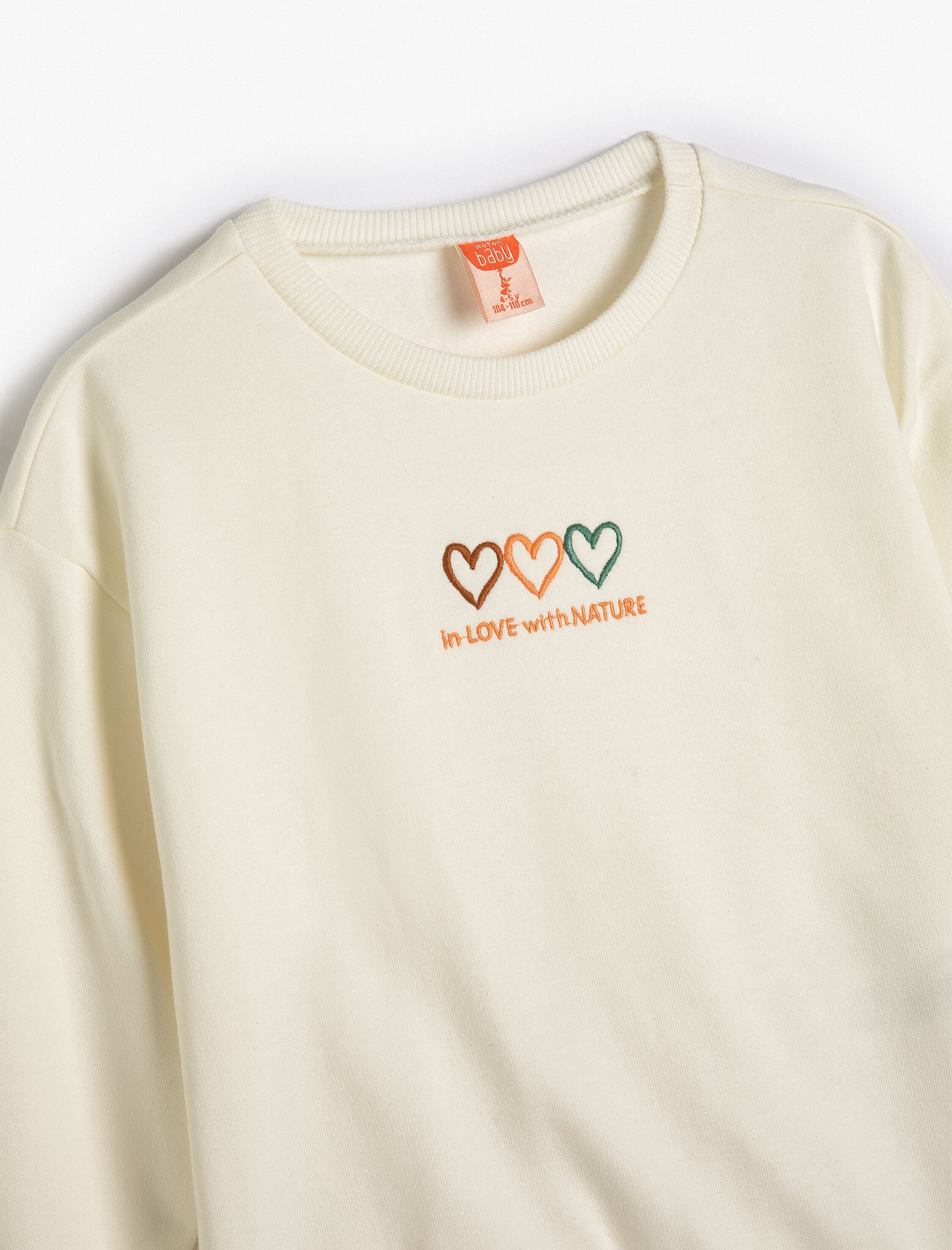  Kız Bebek Sweatshirt Uzun Kollu Bisiklet Yaka Kalp Baskılı Şardonlu Pamuklu