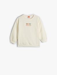 Sweatshirt Uzun Kollu Bisiklet Yaka Kalp Baskılı Şardonlu Pamuklu
