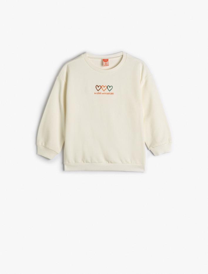 Kız Bebek Sweatshirt Uzun Kollu Bisiklet Yaka Kalp Baskılı Şardonlu Pamuklu