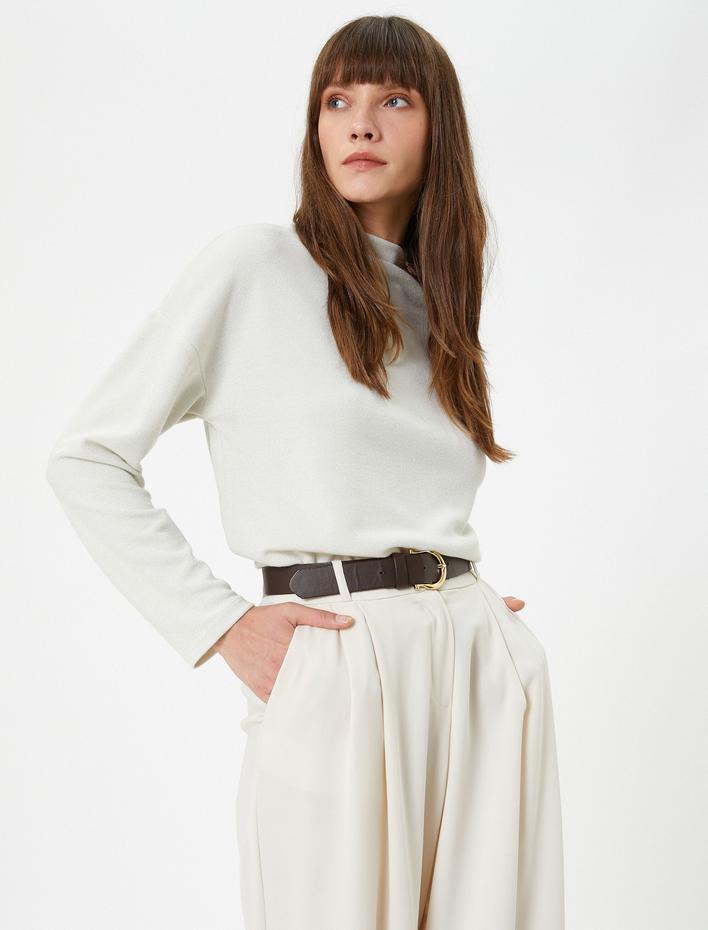  Uzun Kollu Tişört Simli Dik Yaka