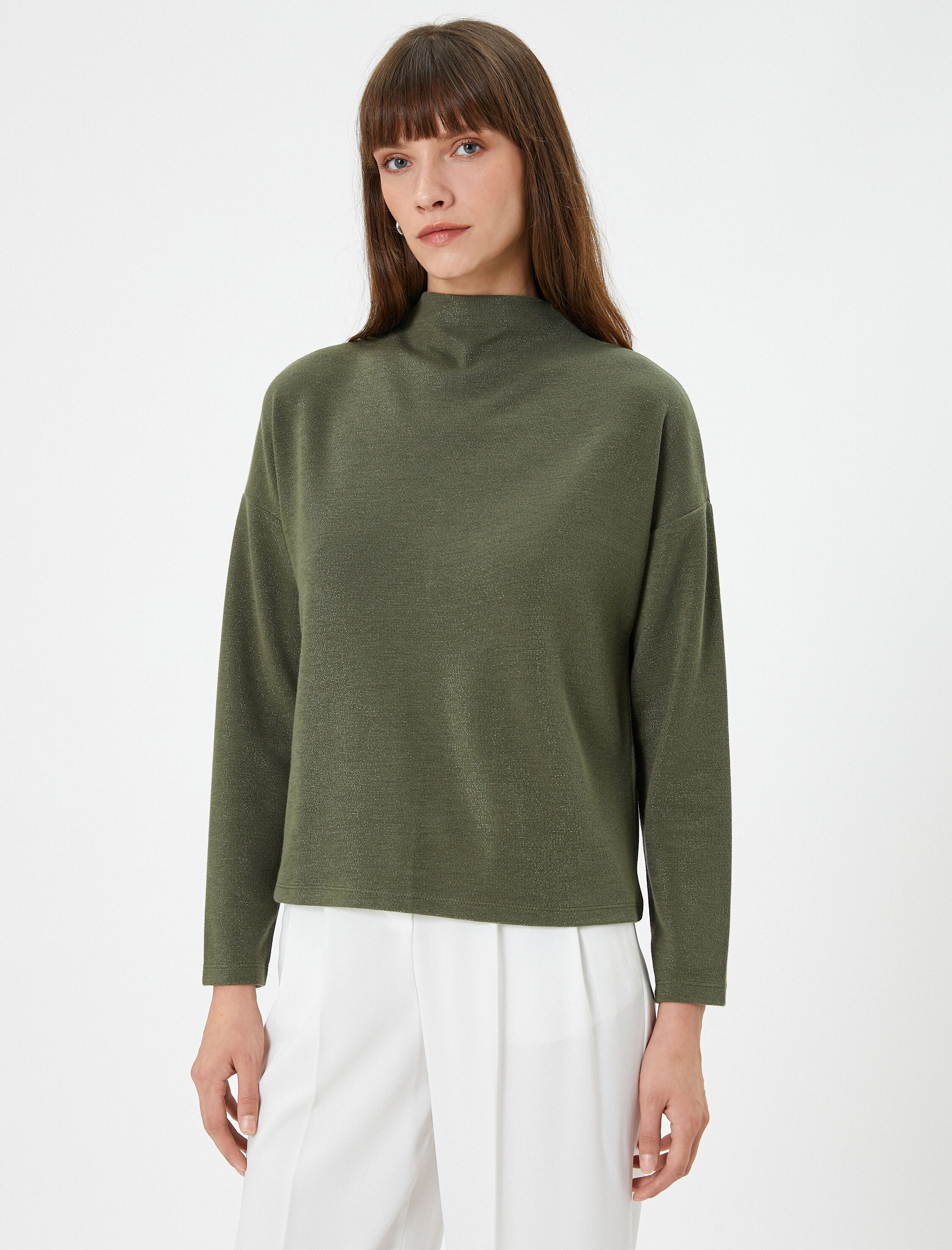   Uzun Kollu Tişört Simli Dik Yaka