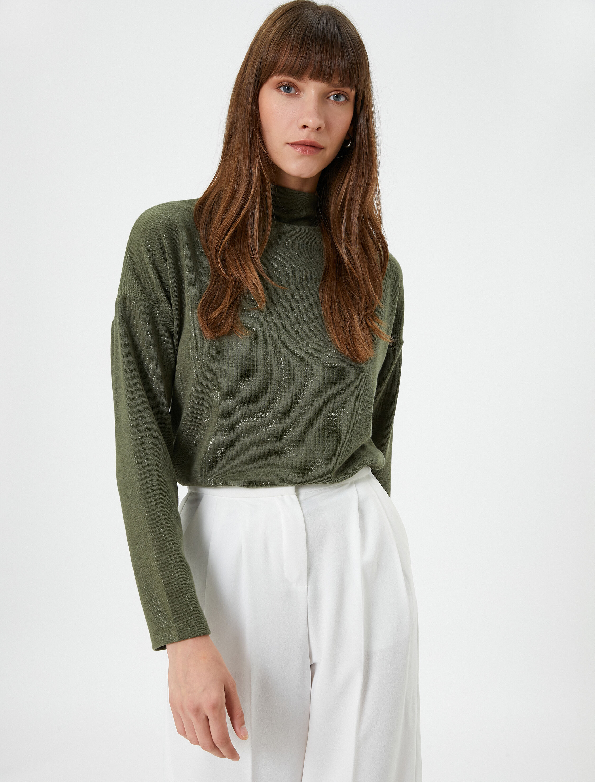   Uzun Kollu Tişört Simli Dik Yaka