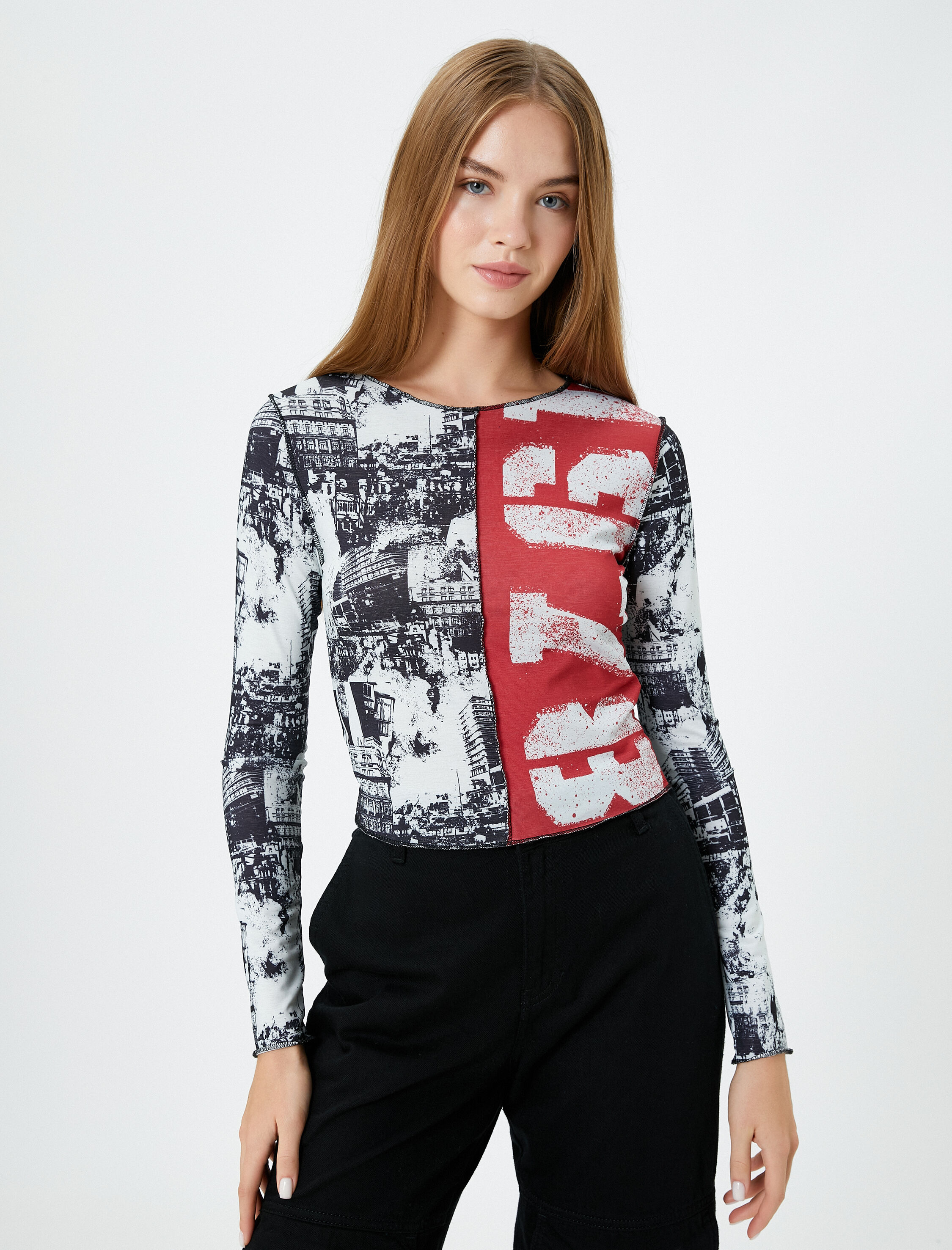   Baskılı Uzun Kollu Tişört Yuvarlak Yaka Dikiş Detaylı