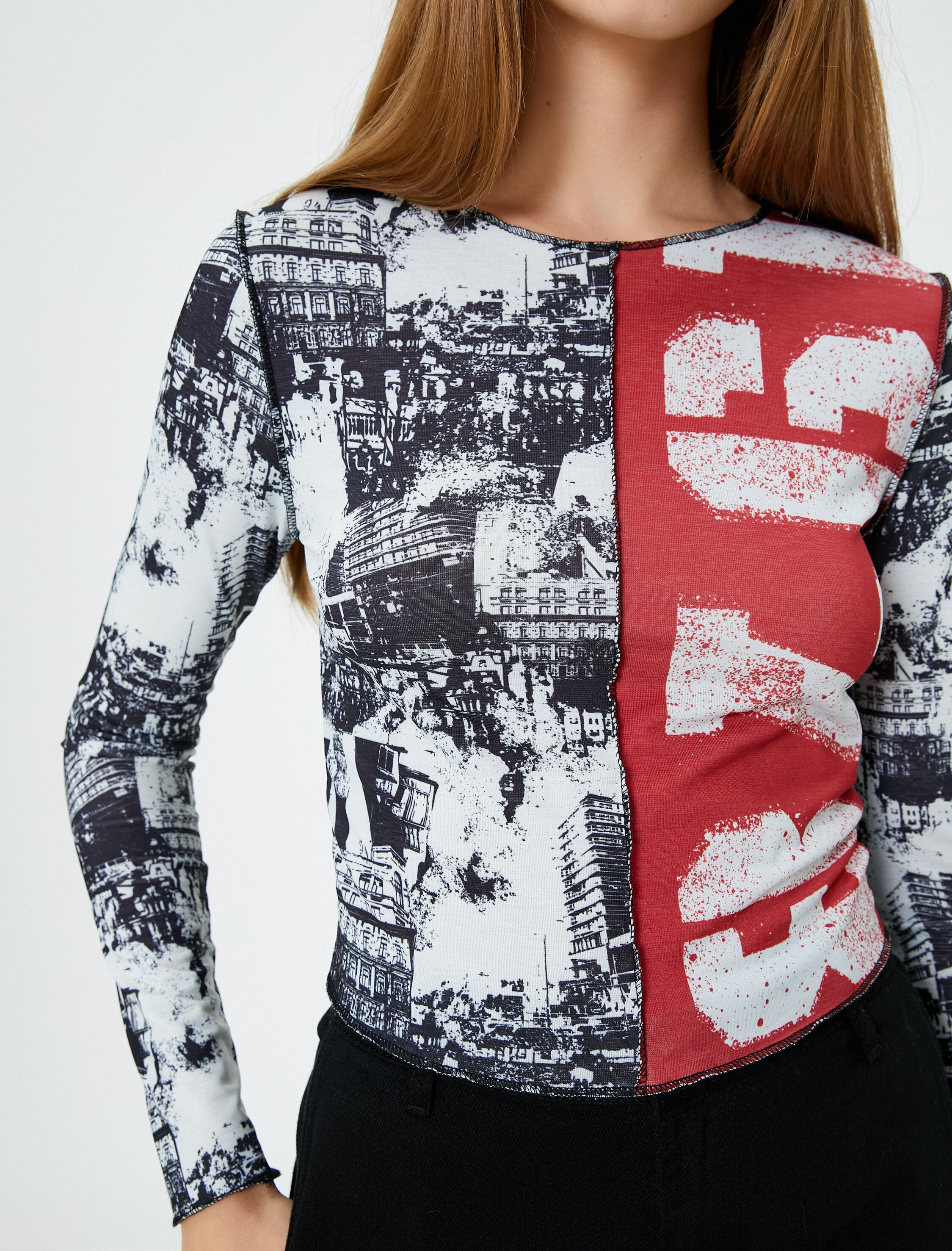   Baskılı Uzun Kollu Tişört Yuvarlak Yaka Dikiş Detaylı