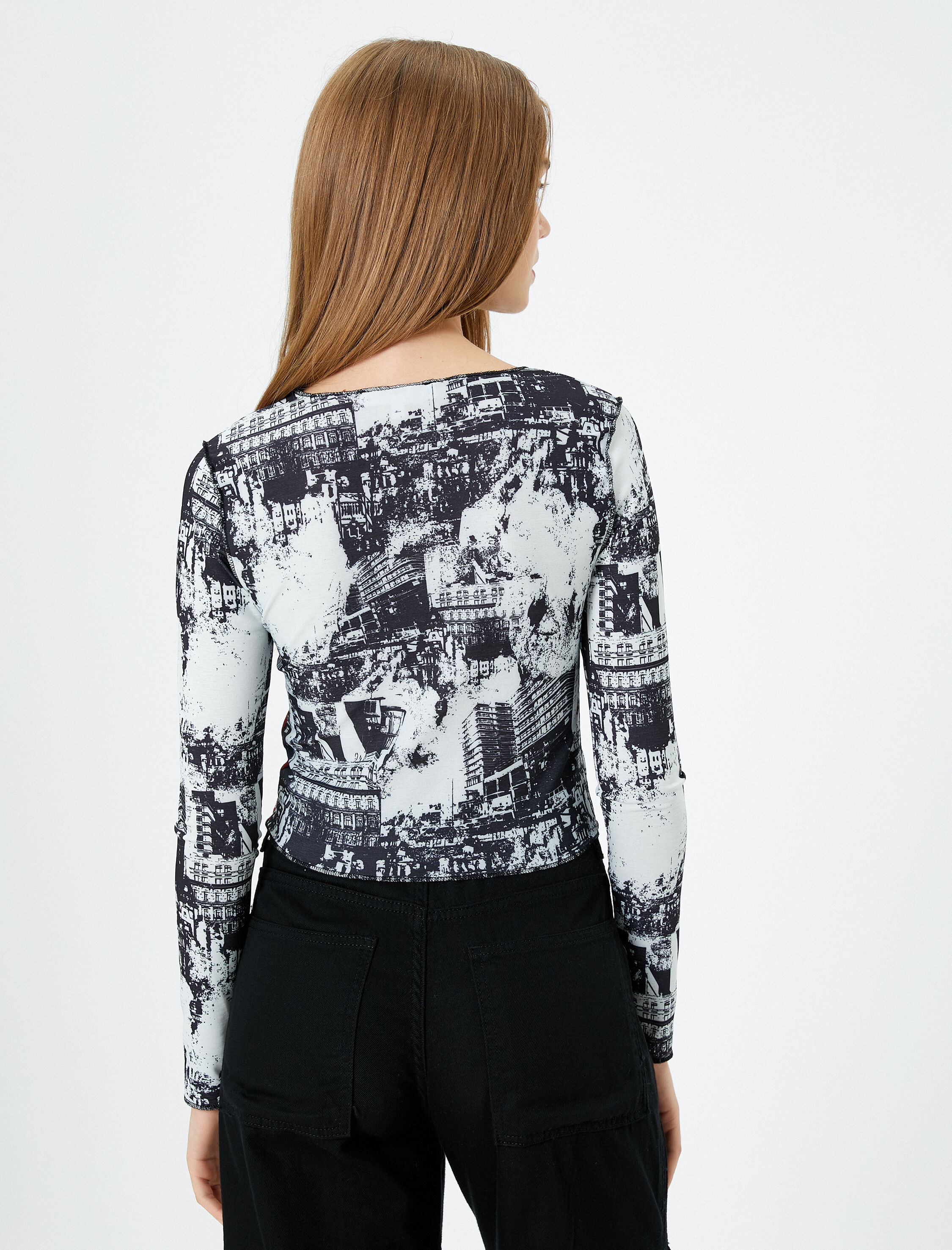   Baskılı Uzun Kollu Tişört Yuvarlak Yaka Dikiş Detaylı