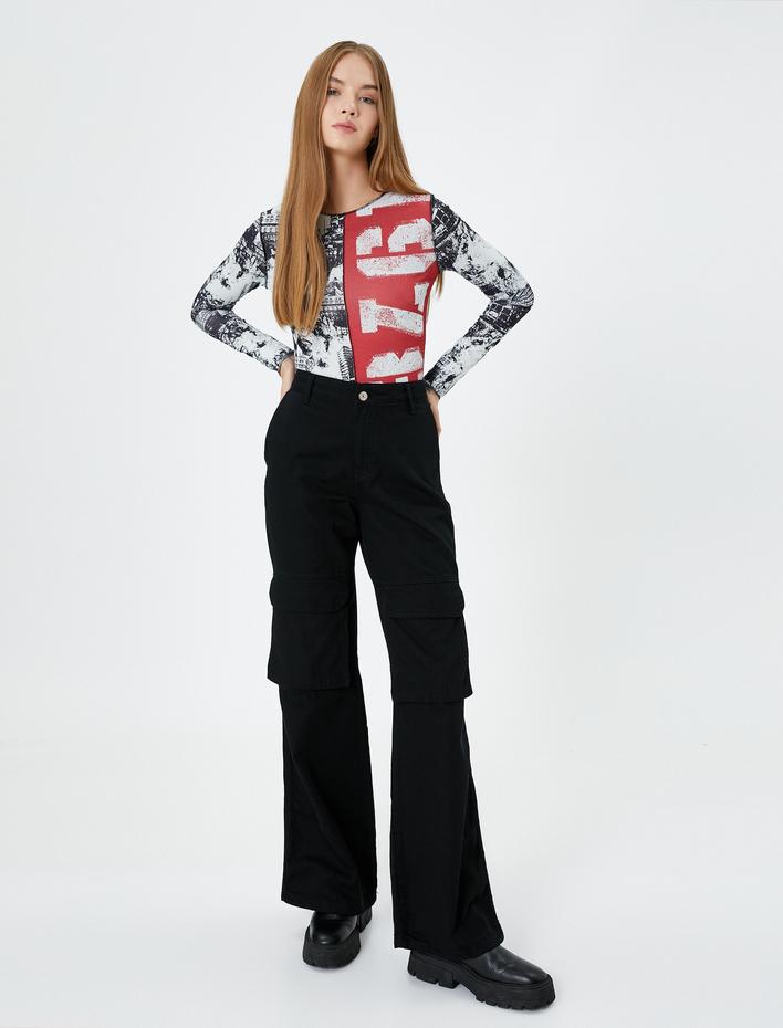  Baskılı Uzun Kollu Tişört Yuvarlak Yaka Dikiş Detaylı