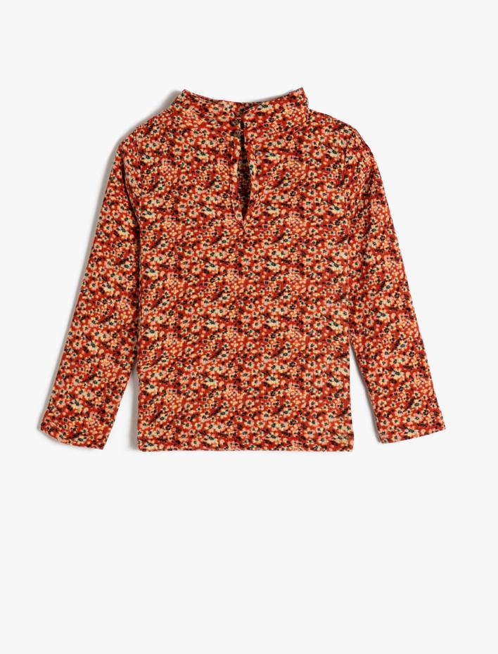 Kız Çocuk Tişört Uzun Kollu Dik Yaka Çiçek Baskılı Dokulu Şardonlu