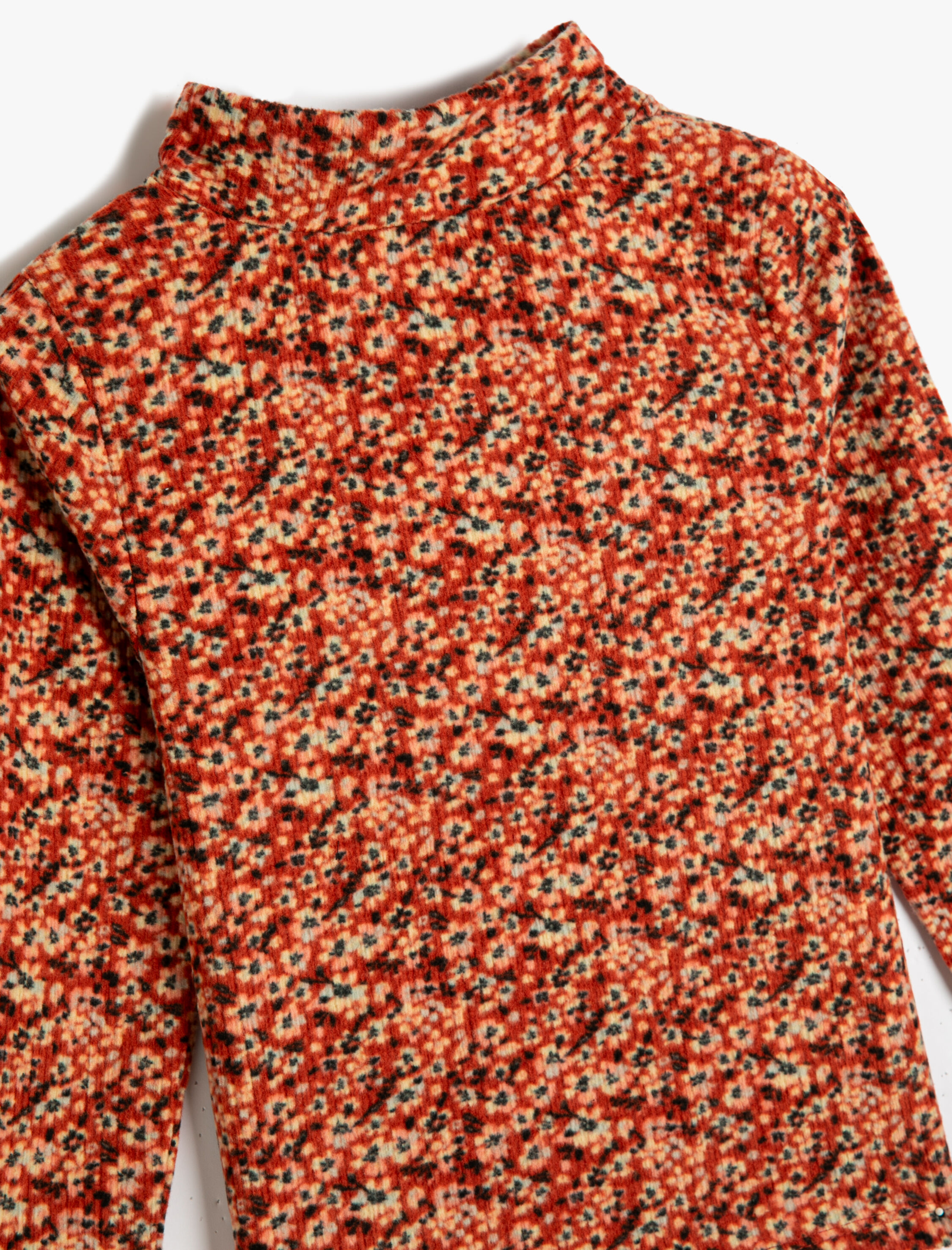  Kız Çocuk Tişört Uzun Kollu Dik Yaka Çiçek Baskılı Dokulu Şardonlu