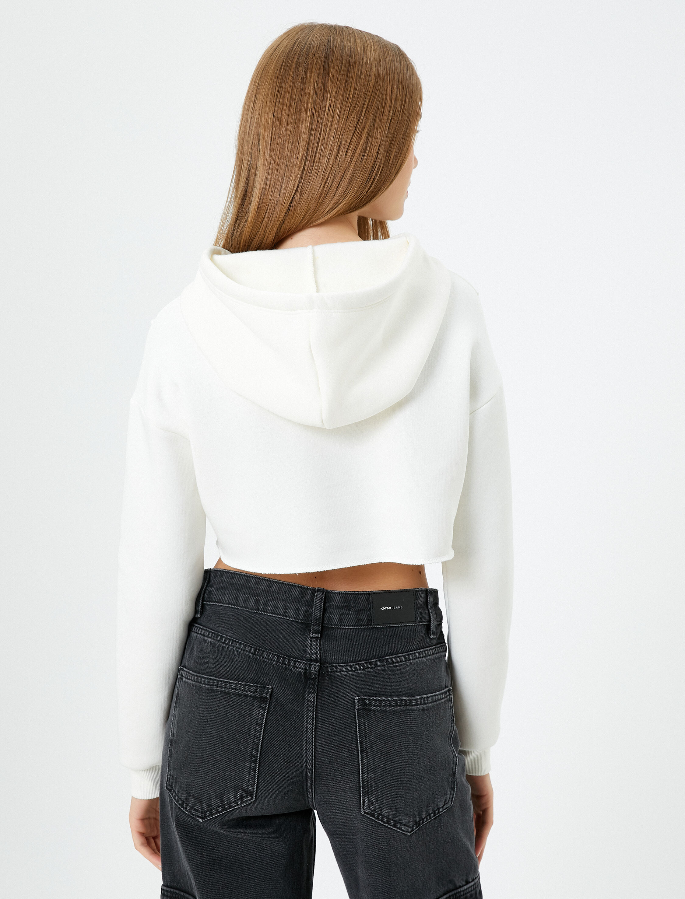   Şardonlu Crop Kapşonlu Sweatshirt Asimetrik Kesim NYC Baskılı