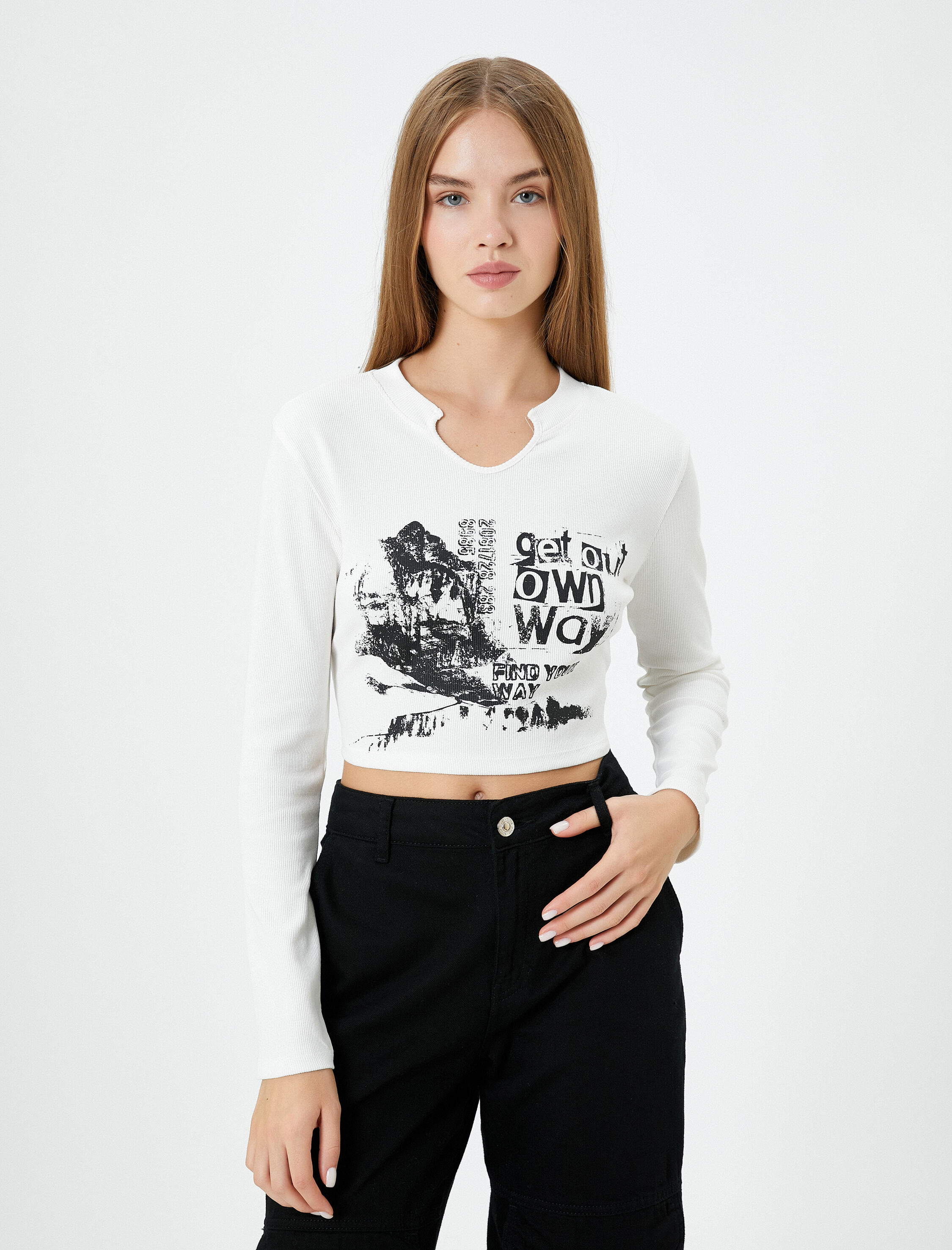   Crop V Yaka Bluz Uzun Kollu Baskılı Kaşkorse Pamuklu