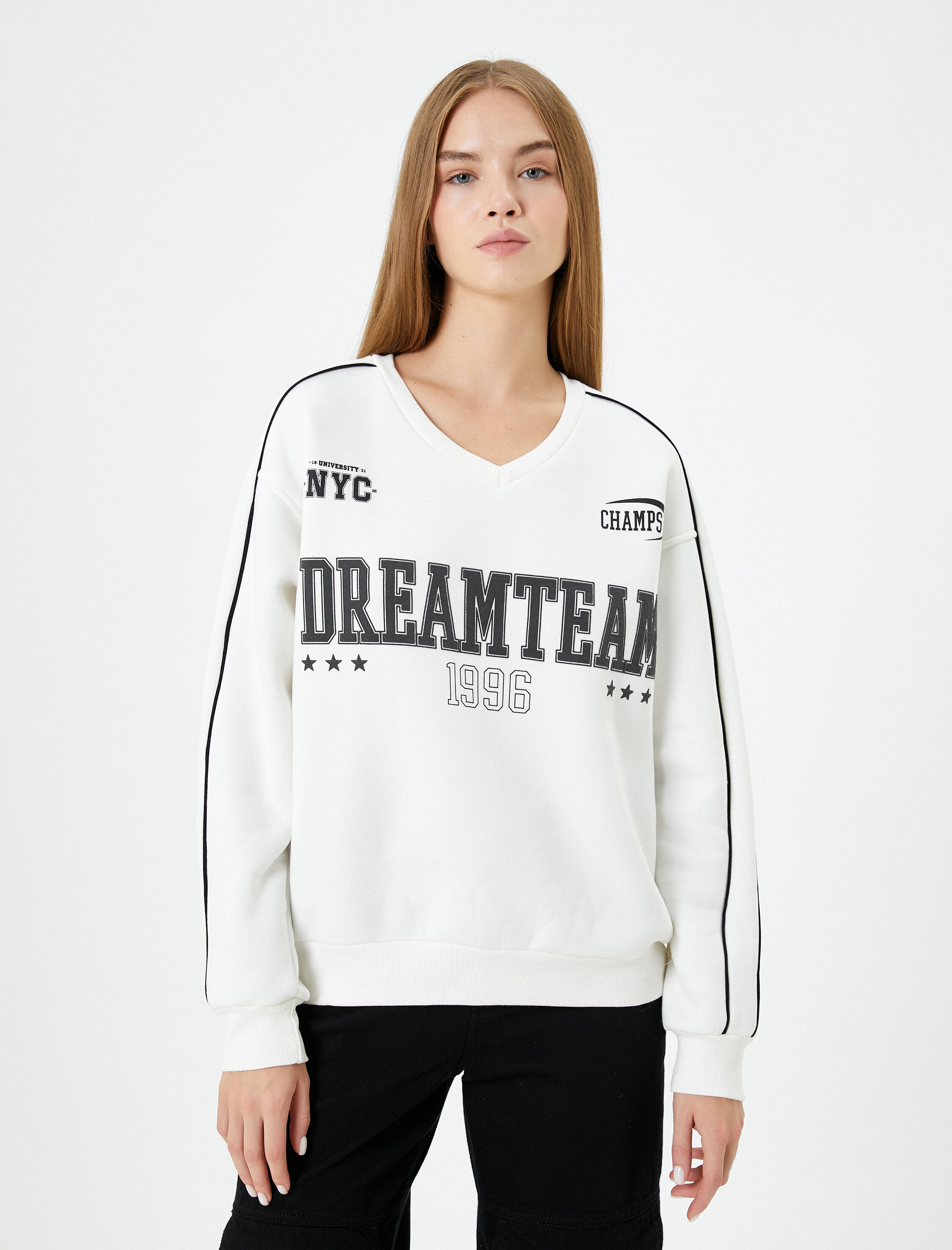   Şardonlu V Yaka Kolej Sweatshirt Baskılı Uzun Kollu