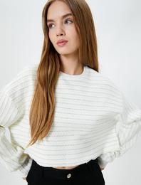 Crop Çizgili Sweatshirt Simli Uzun Balon Kollu