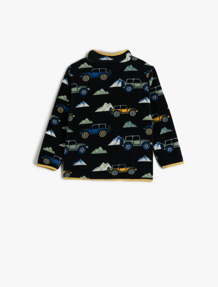 Erkek Bebek Sweatshirt Dik Yaka Yarım  Fermuarlı Uzun Kollu Baskı Detaylı Şardonlu