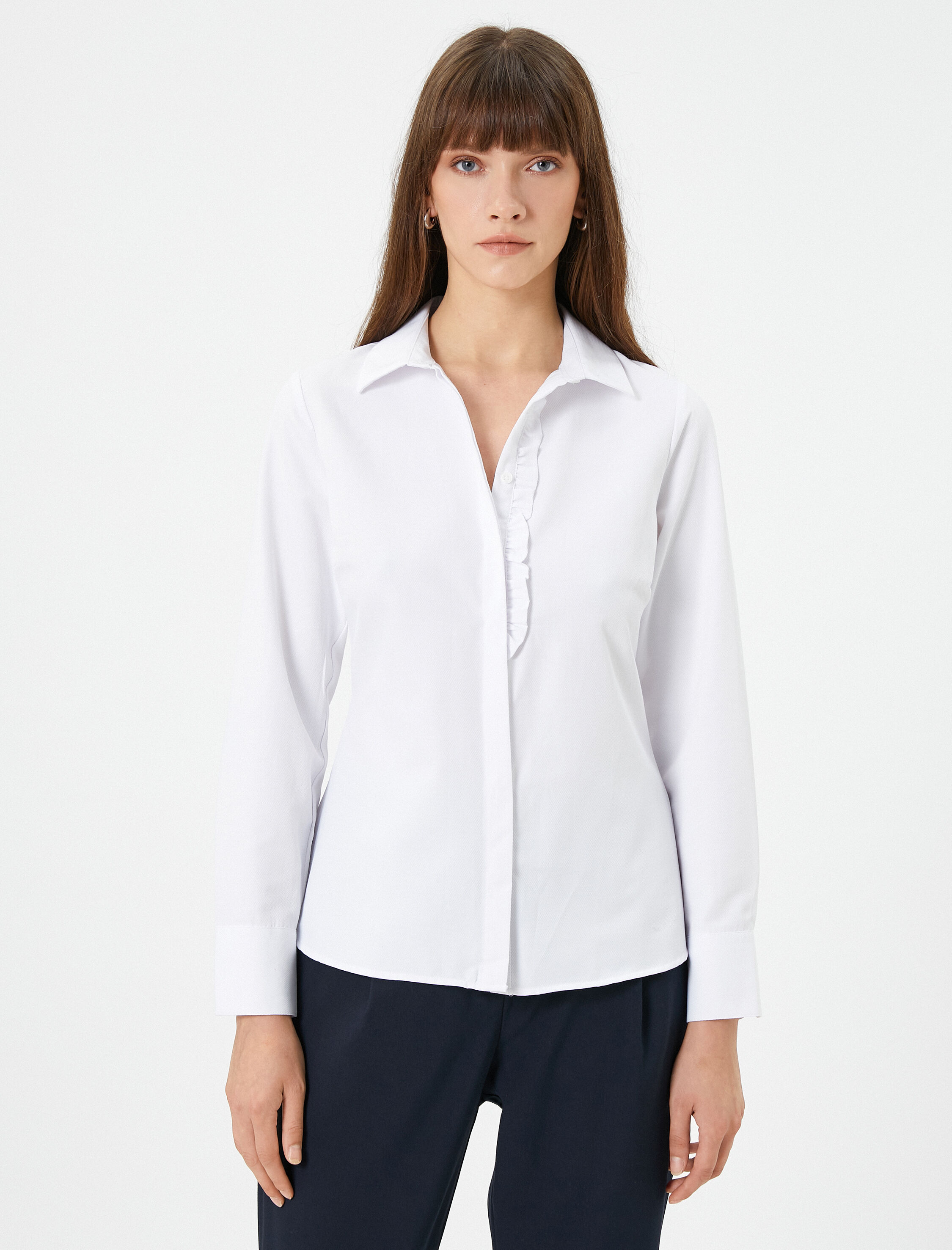   Uzun Kollu Gömlek Slim Fit Fırfır Detaylı Düğmeli