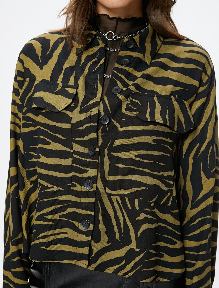   Crop Gömlek Zebra Desenli Kapaklı Cepli Düğmeli Uzun Kollu