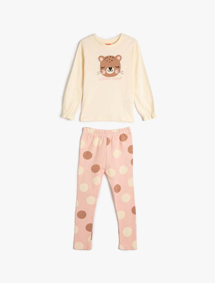 Kız Bebek Pamuklu Pijama Takımı Kaplan Baskılı Uzun Kollu Tişört ve Beli Lastikli Pijama Altı 2 Parça