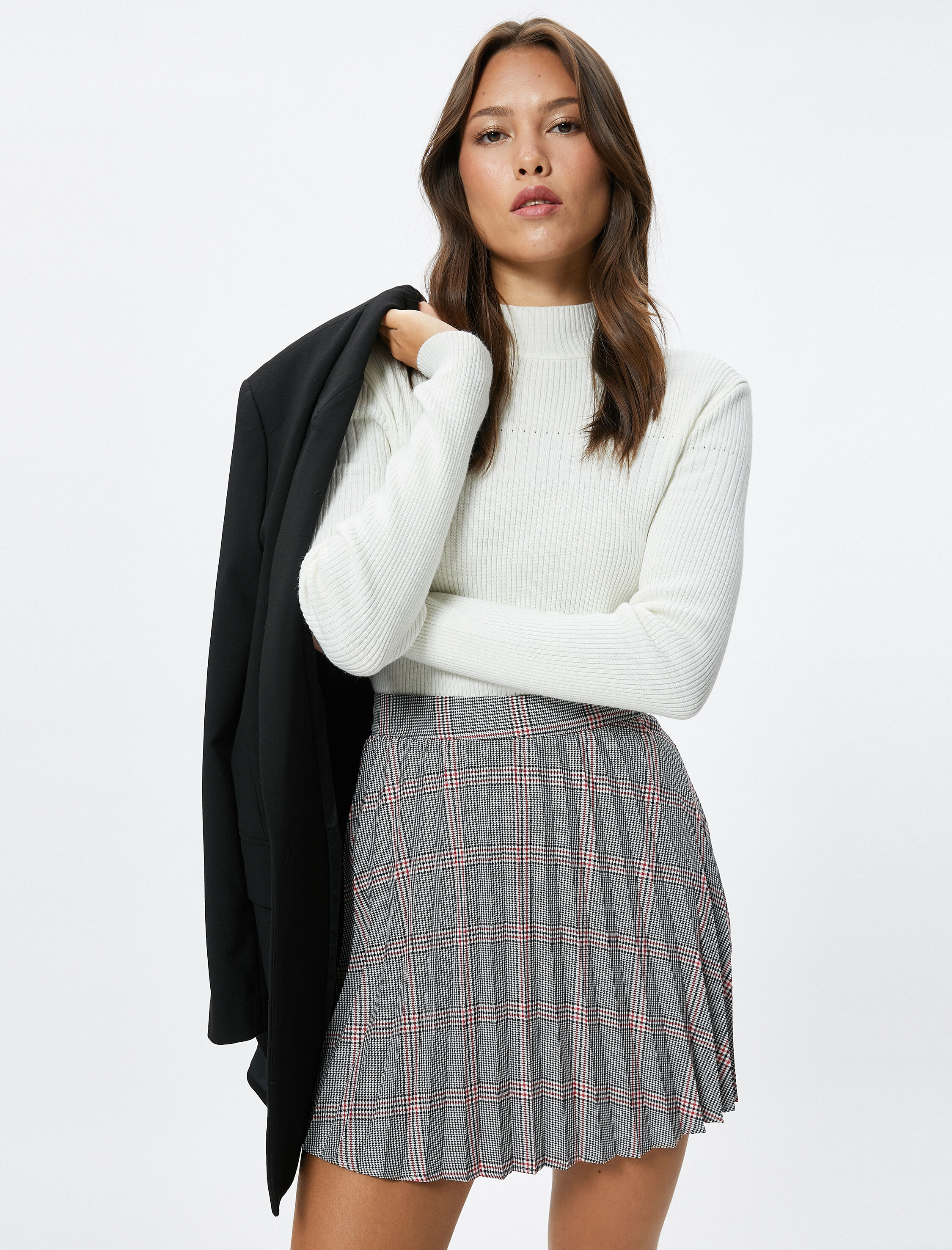   Mini Pileli Etek Yüksek Bel Kloş Viskon Karışımlı