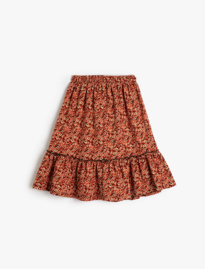 Kız Çocuk Etek Piliseli Çiçek Desenli Beli Lastikli Şardonlu