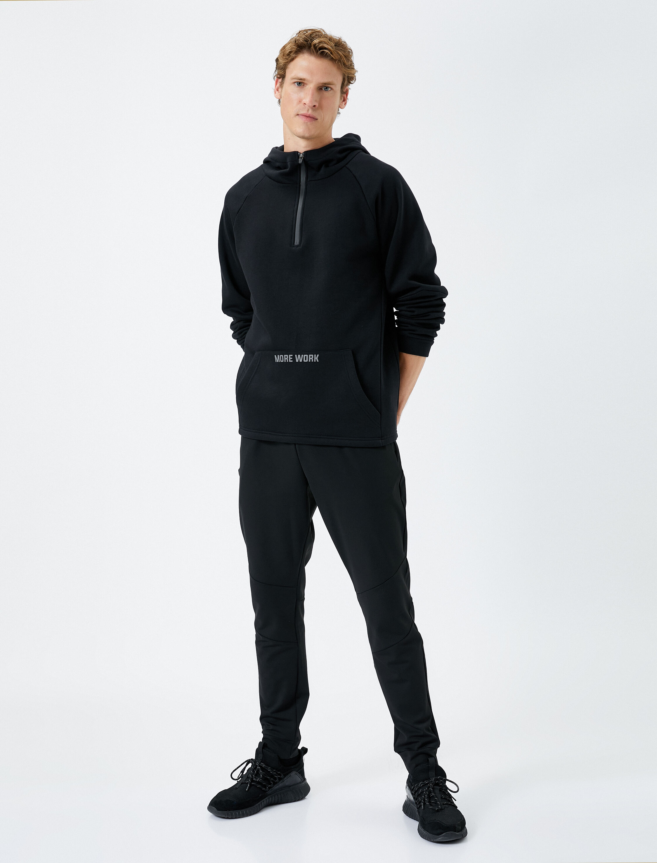   Kapüşonlu Yarım Fermuarlı Spor Sweatshirt Kanguru Cepli Üç İplik Şardonlu