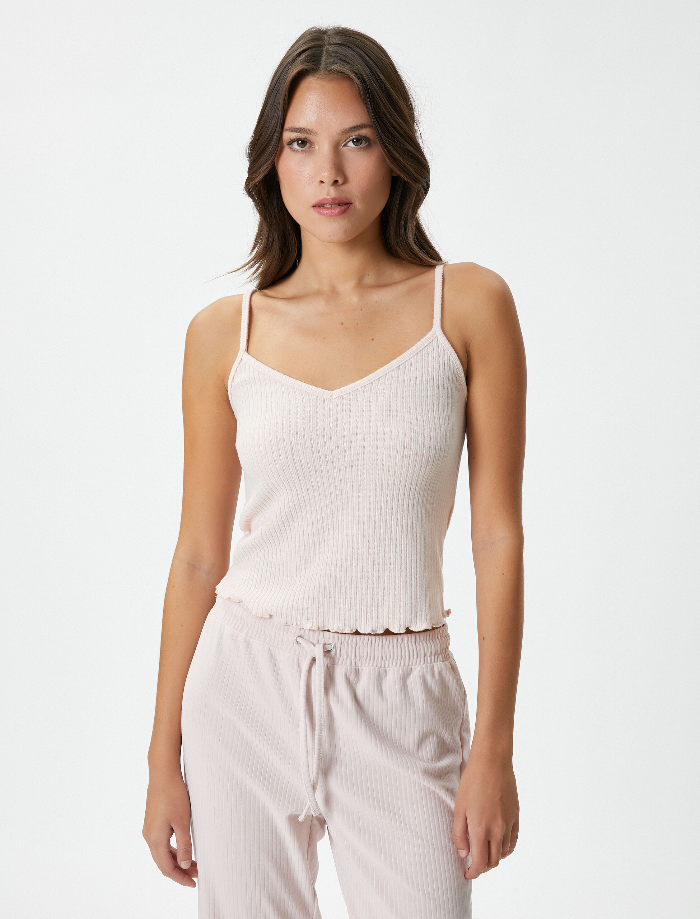 İnce Askılı Pijama Üstü Fitilli V Yaka Slim Fit