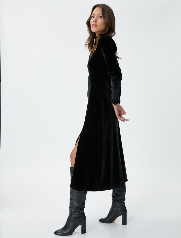  Midi Kadife Elbise Kare Yaka Yırtmaçlı Uzun Kollu