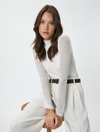 Uzun Kollu Tişört Tül Detaylı Dik Yaka Dokulu Slim Fit
