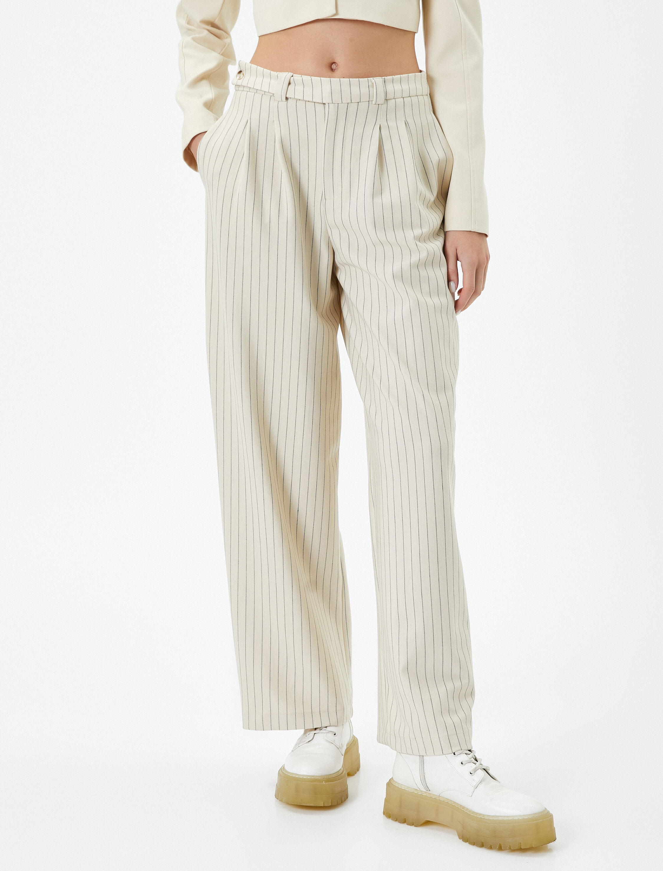   Palazzo Pantolon Yüksek Bel Cepli Pile Detaylı Rahat Kesim