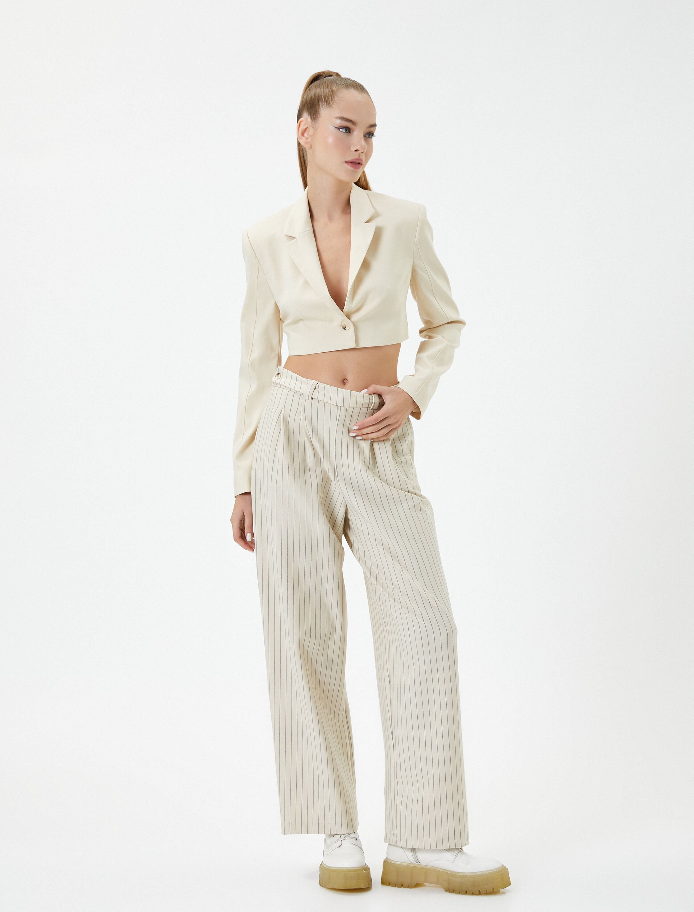   Palazzo Pantolon Yüksek Bel Cepli Pile Detaylı Rahat Kesim