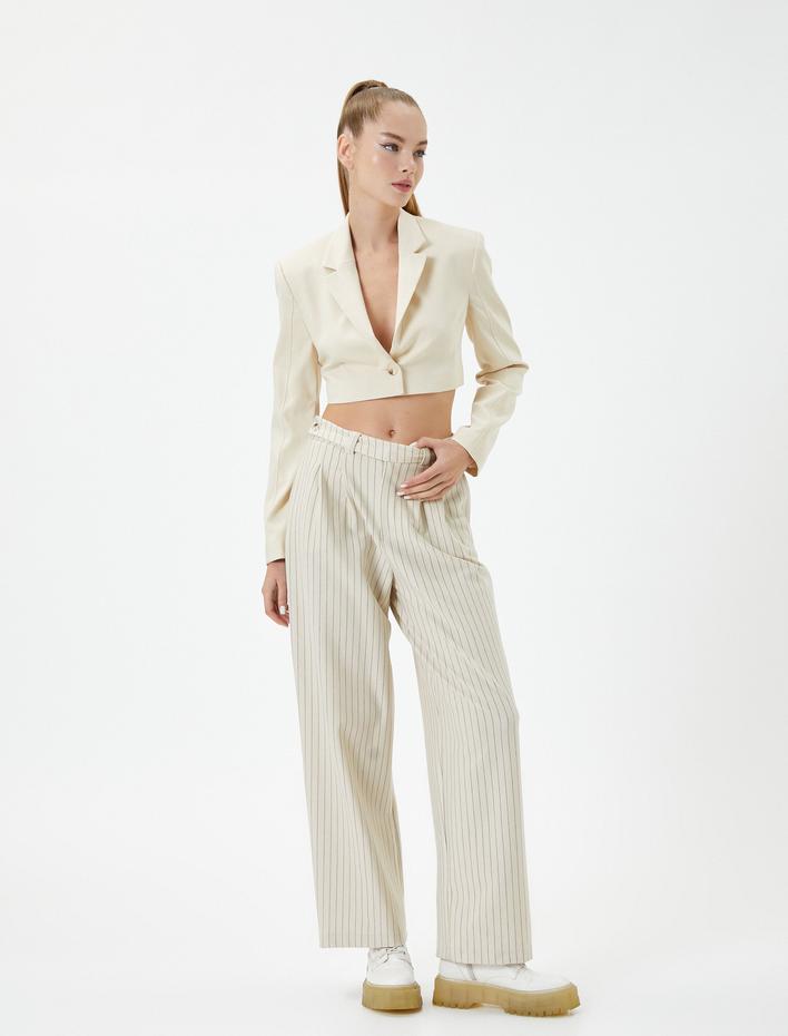  Palazzo Pantolon Yüksek Bel Cepli Pile Detaylı Rahat Kesim