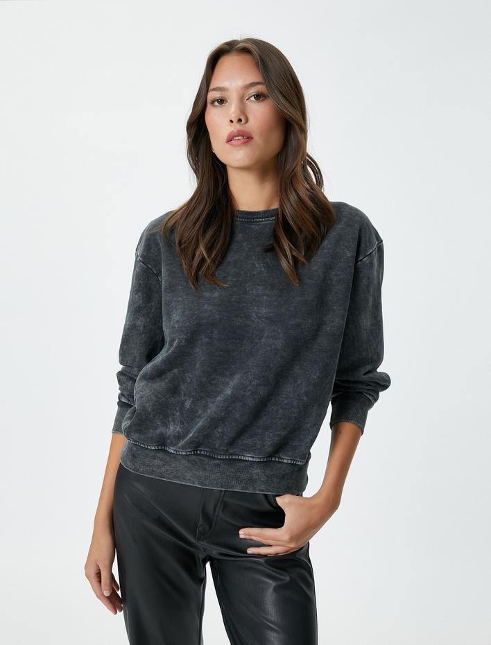  Bisiklet Yaka Sweatshirt Yıkamalı Ribanalı