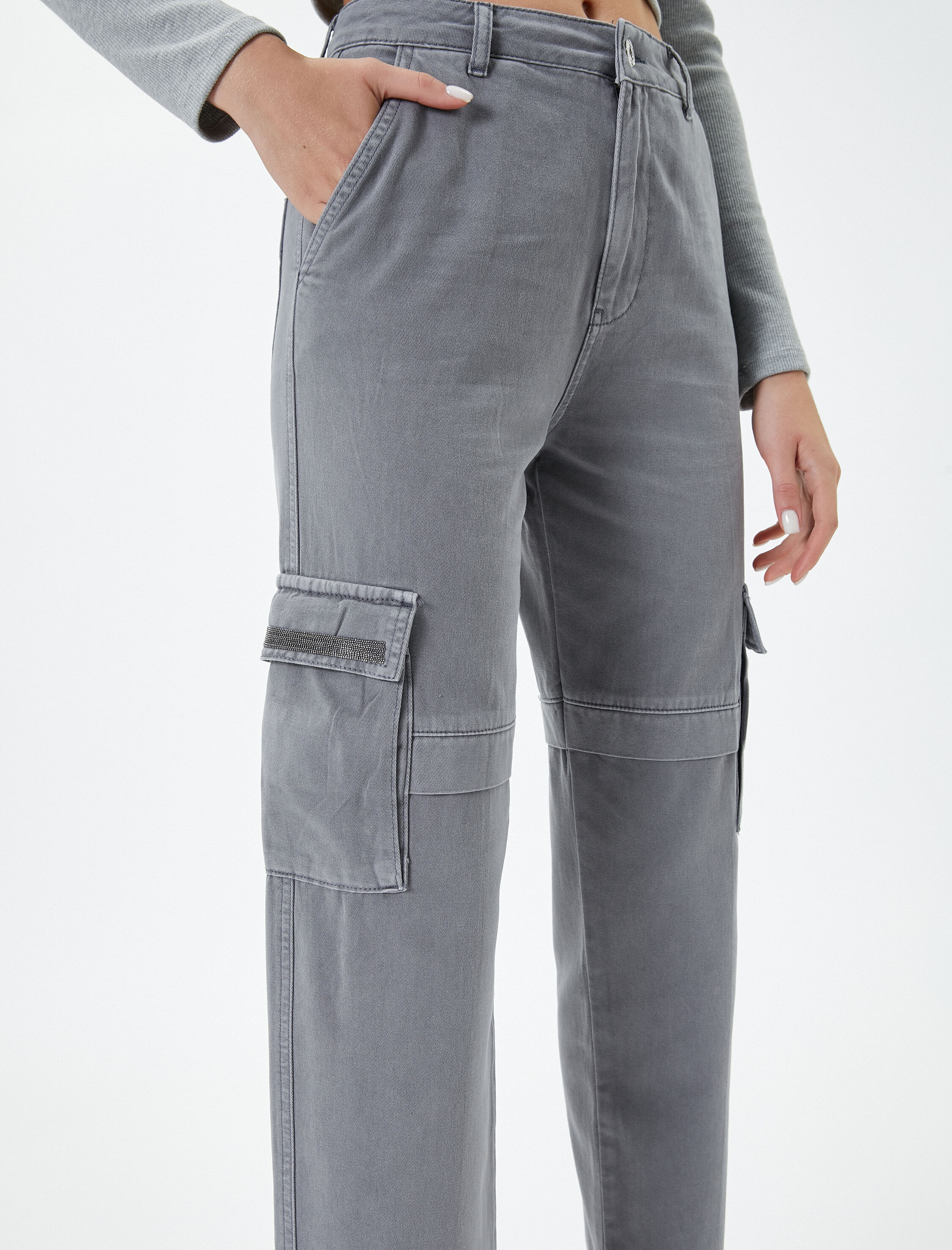 Kargo Pantolon Soluk Efektli Düz Kısa Paça Cepli Pamuklu