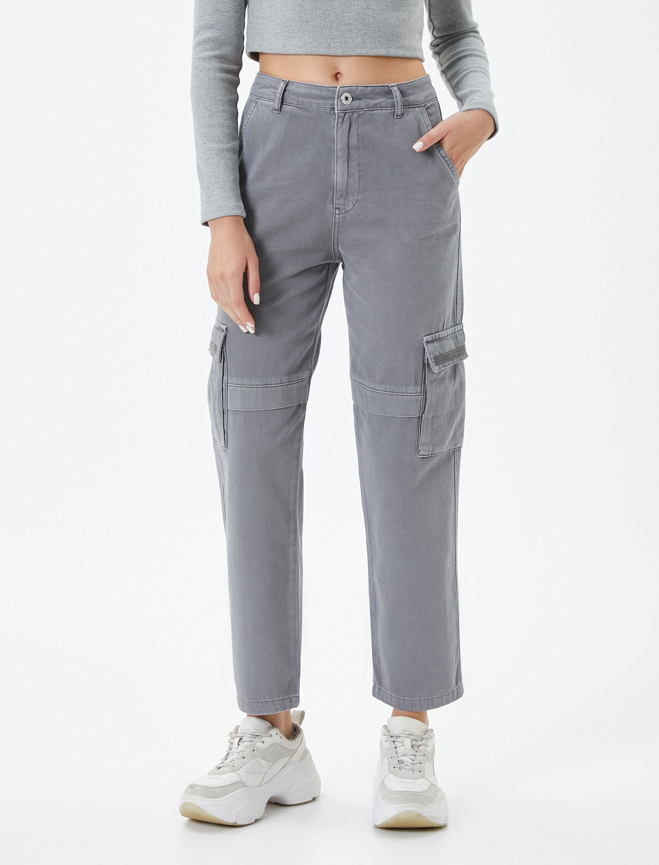 Kargo Pantolon Soluk Efektli Düz Kısa Paça Cepli Pamuklu