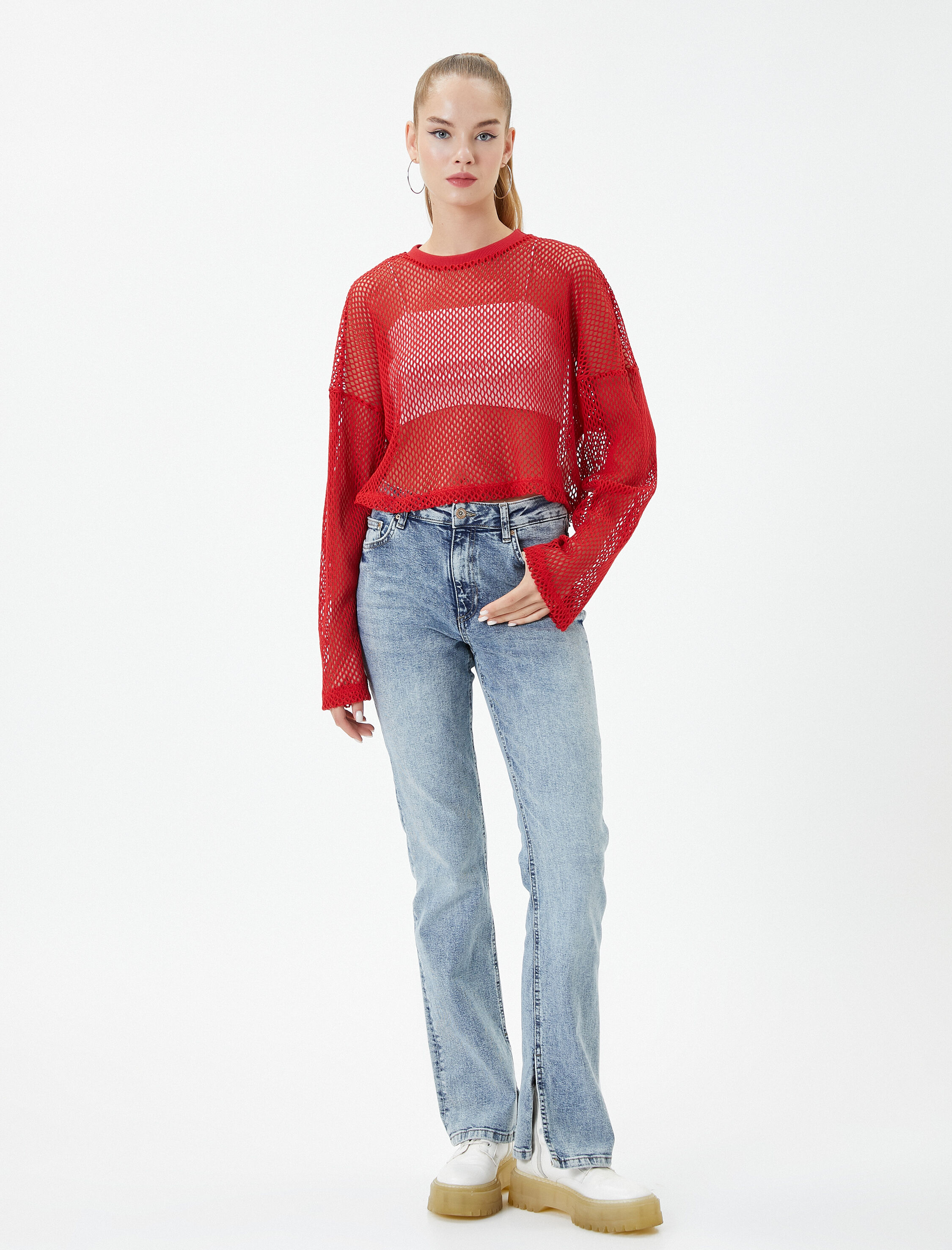   File Crop Tişört Uzun Kollu Bisiklet Yaka Pamuklu