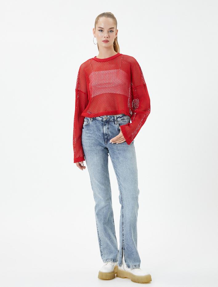  File Crop Tişört Uzun Kollu Bisiklet Yaka Pamuklu