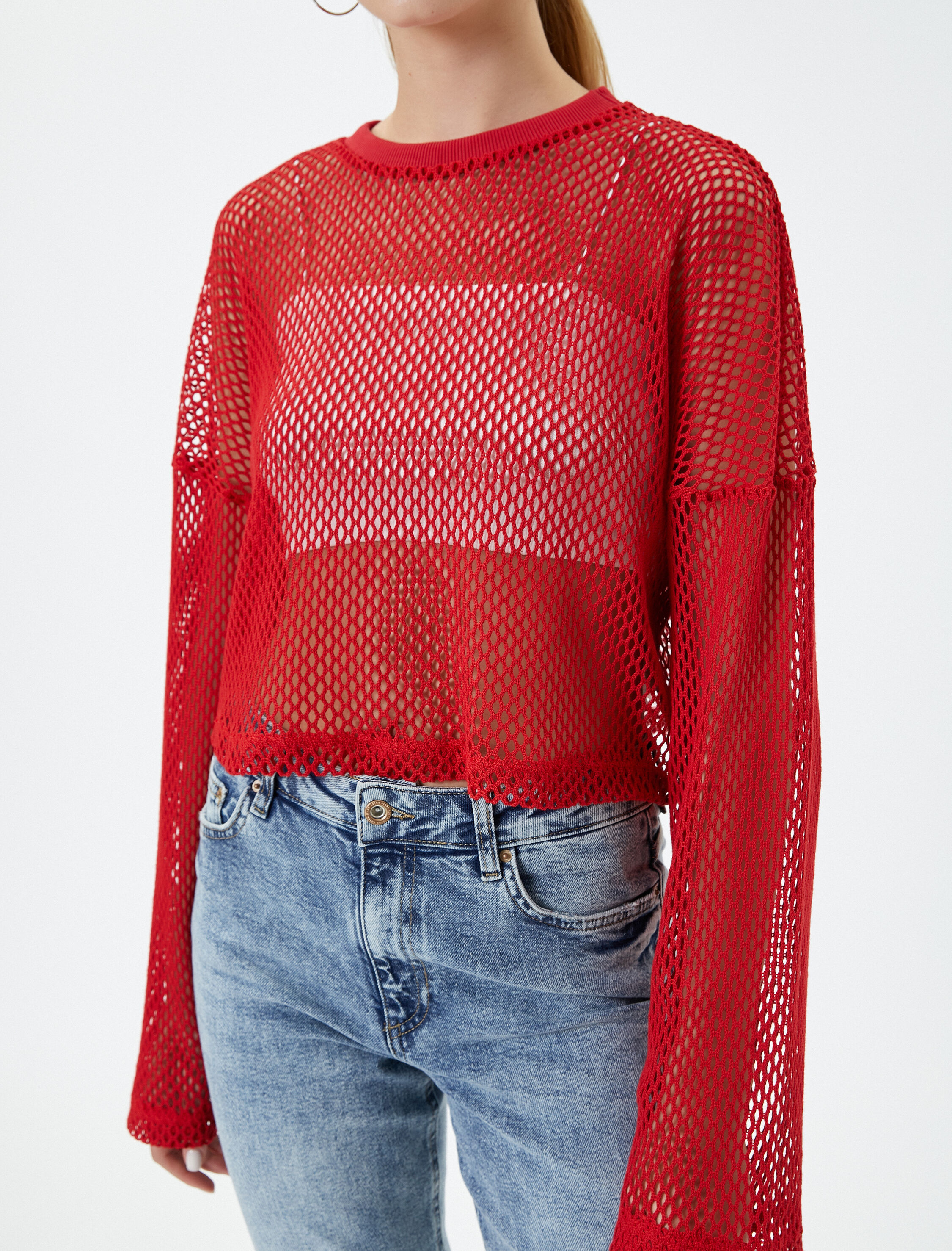   File Crop Tişört Uzun Kollu Bisiklet Yaka Pamuklu