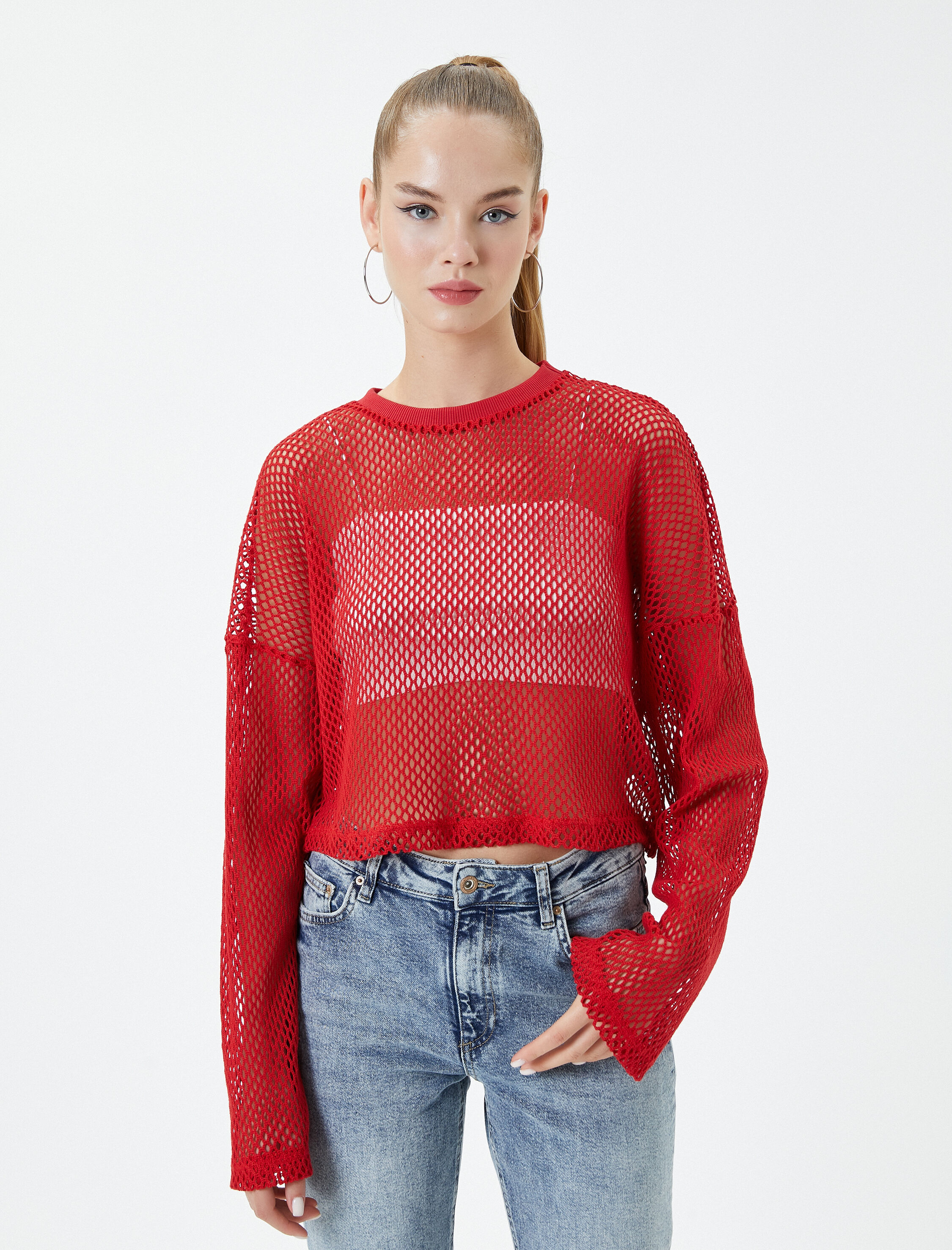   File Crop Tişört Uzun Kollu Bisiklet Yaka Pamuklu