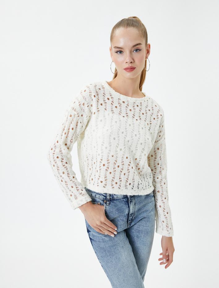  Ajurlu Tişört Uzun Kollu Bisiklet Yaka Yumuşak Dokulu