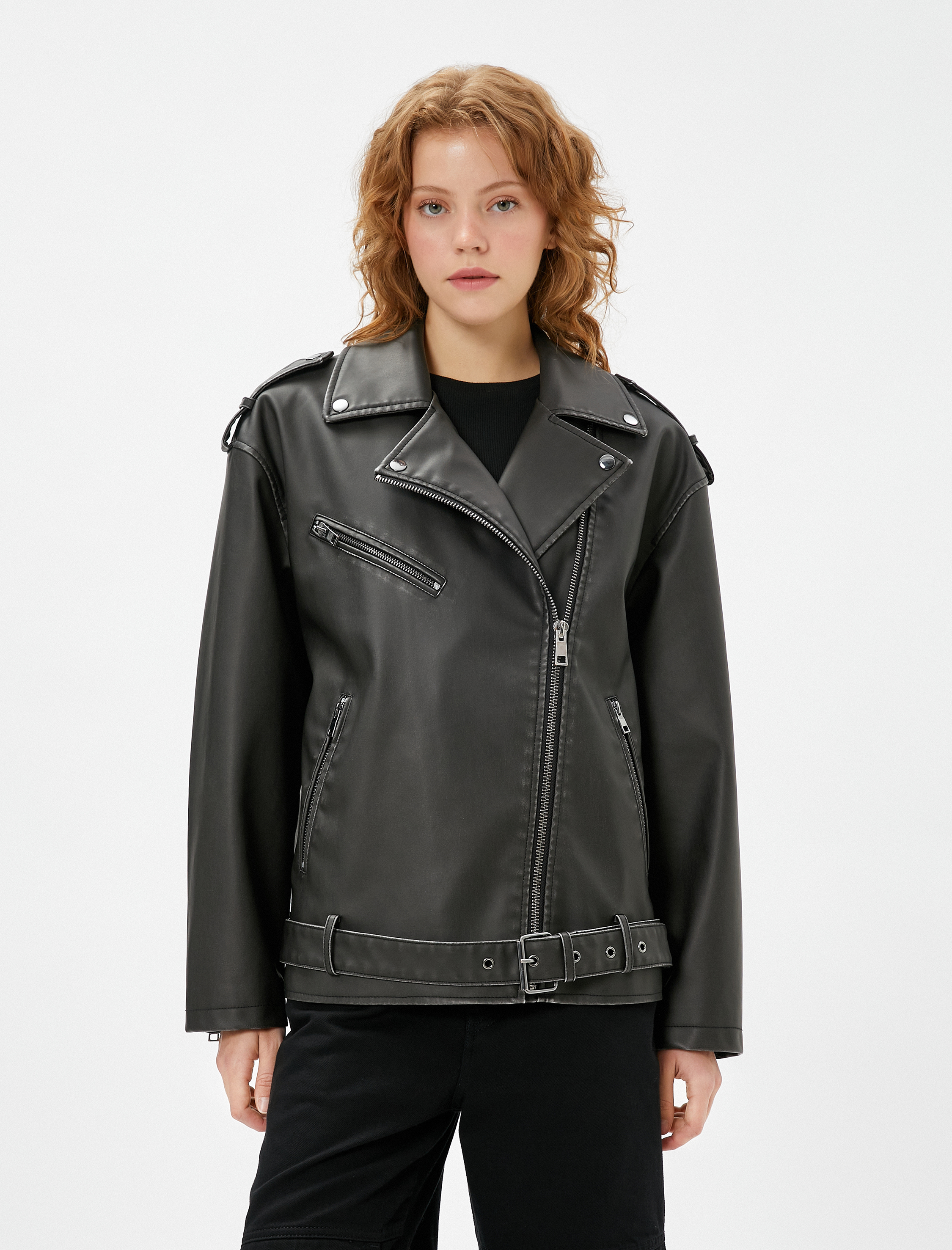   Biker Ceket Deri Görünümlü Fermuarlı Cep Detaylı Kemerli