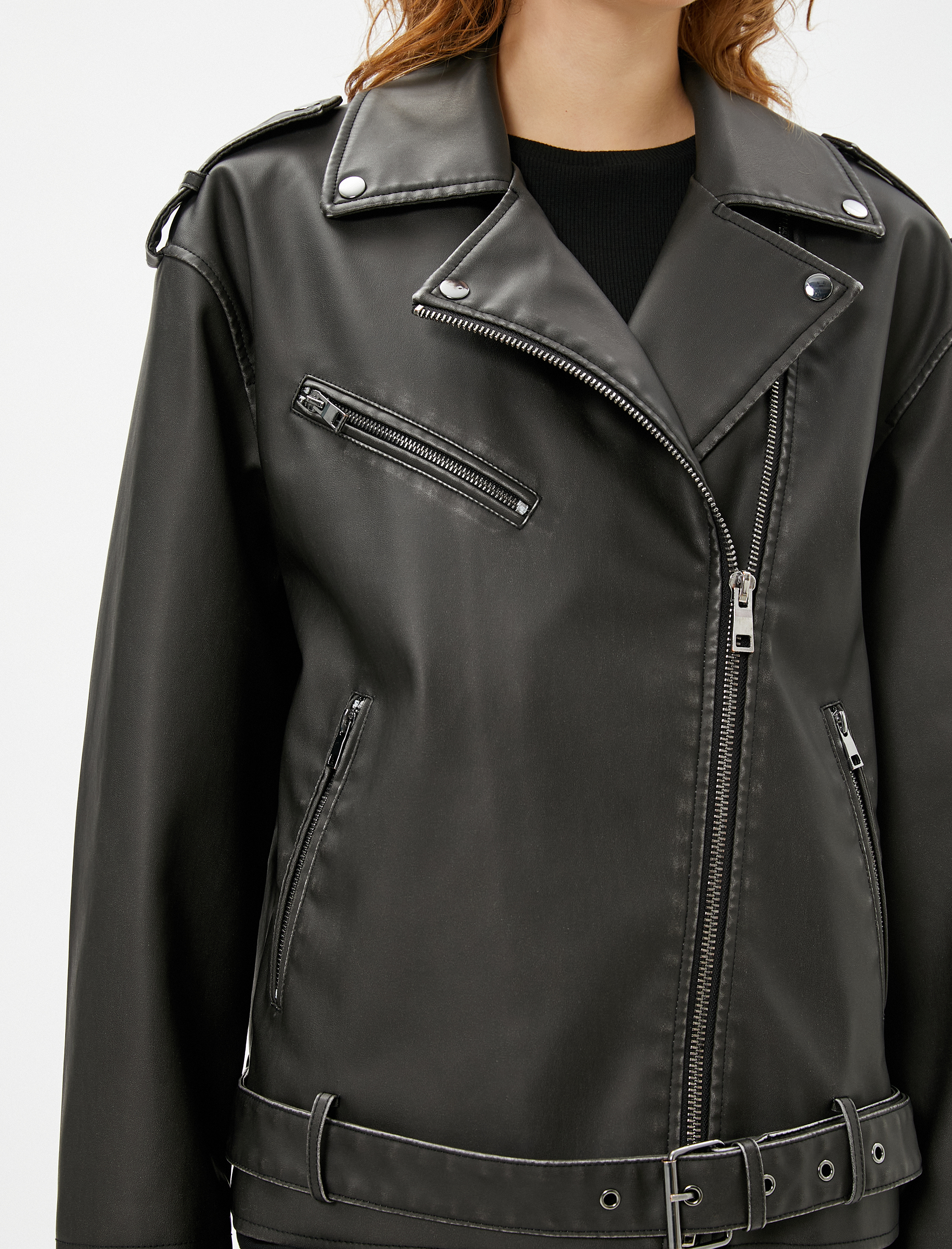  Biker Ceket Deri Görünümlü Fermuarlı Cep Detaylı Kemerli