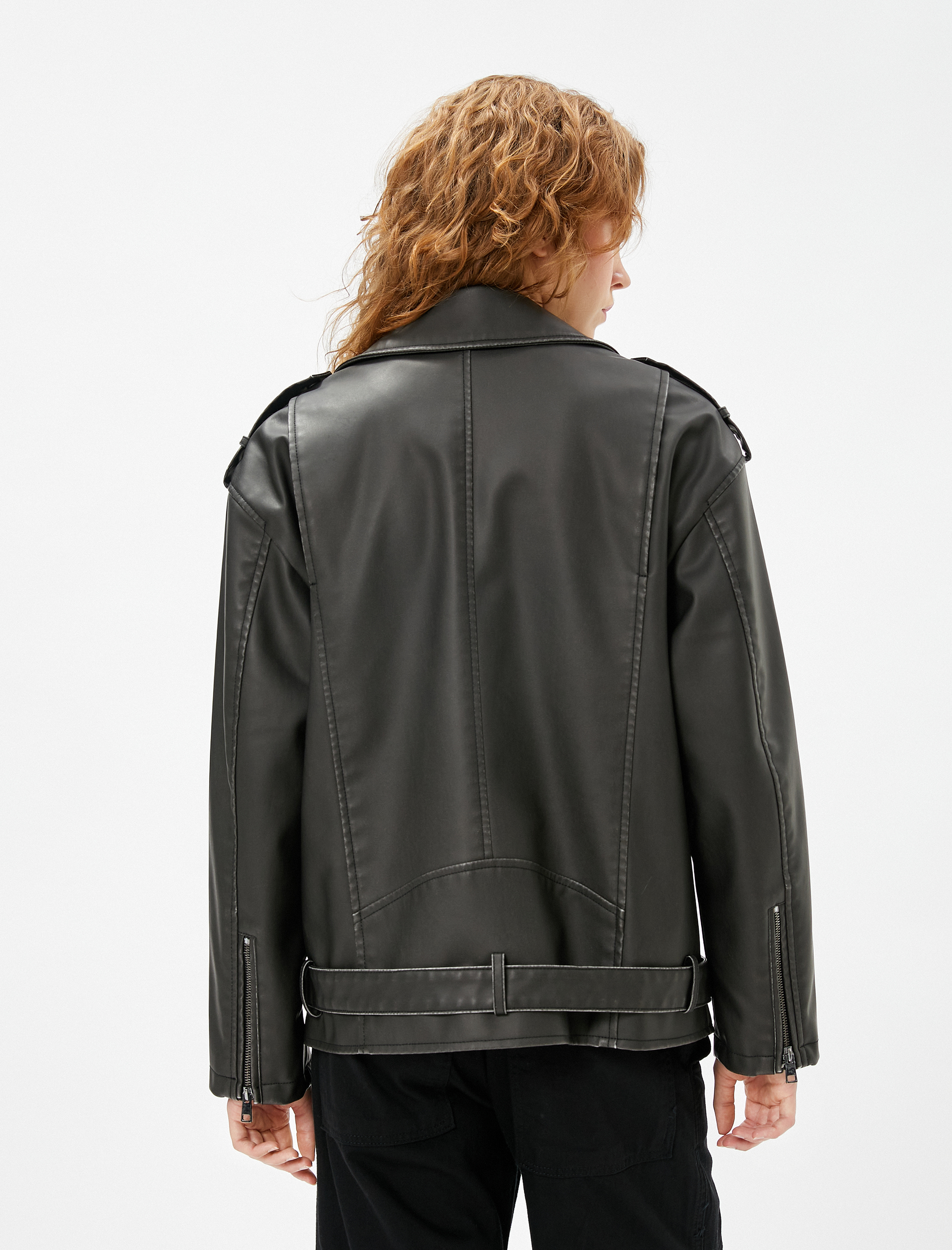   Biker Ceket Deri Görünümlü Fermuarlı Cep Detaylı Kemerli