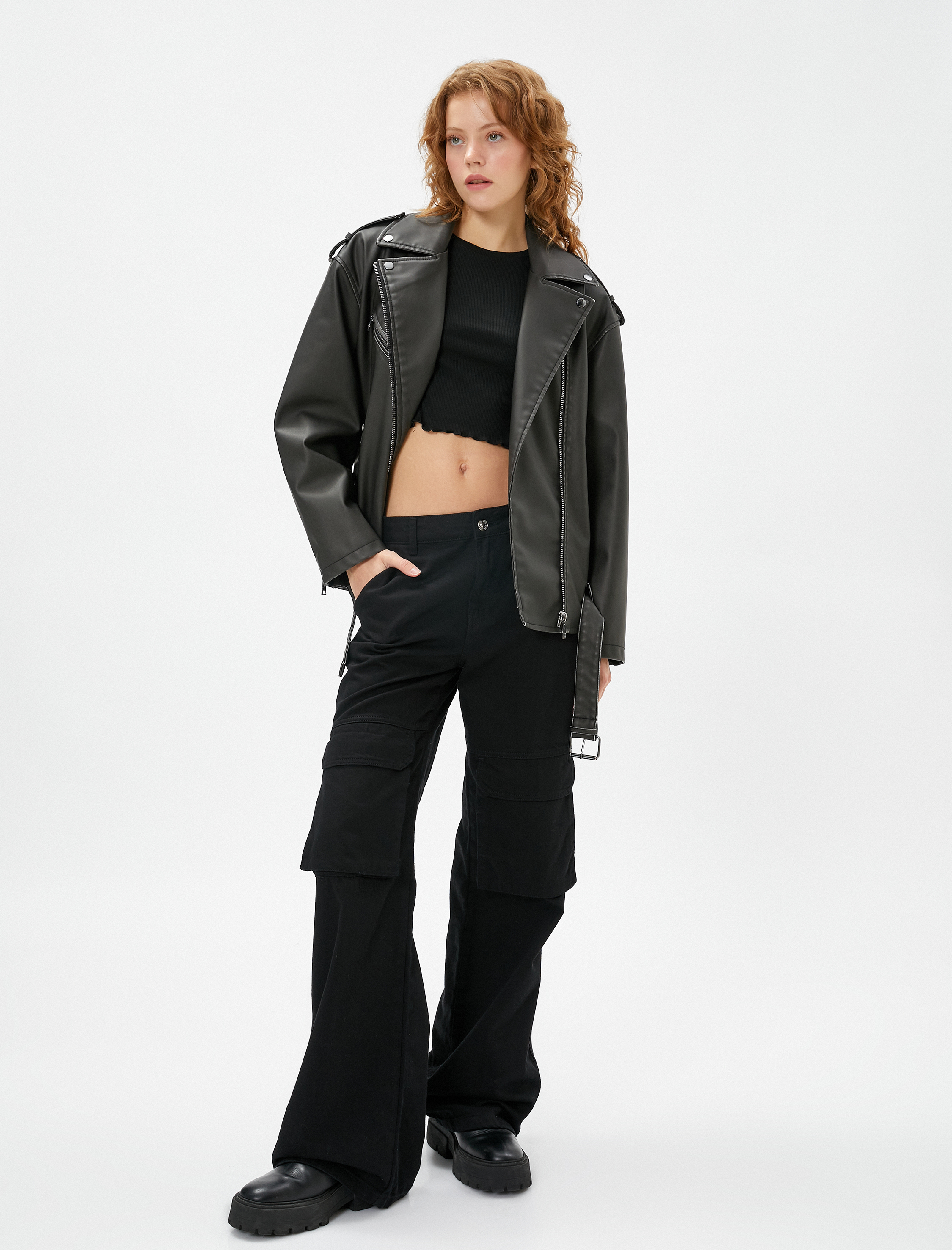   Biker Ceket Deri Görünümlü Fermuarlı Cep Detaylı Kemerli