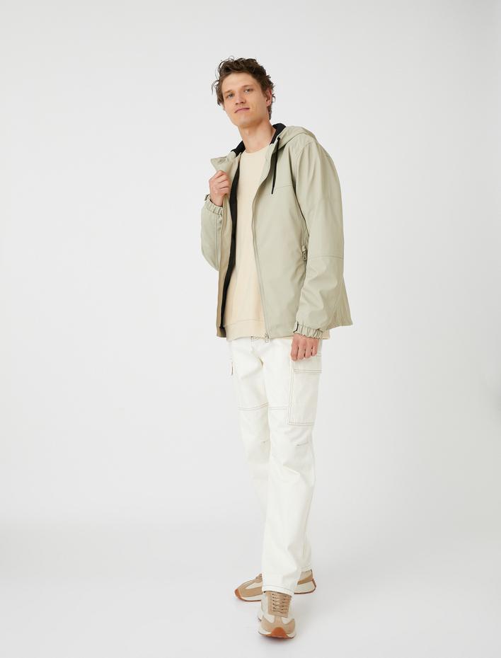  Deri Görünümlü Ceket Kapşonlu Fermuarlı Cep Detaylı