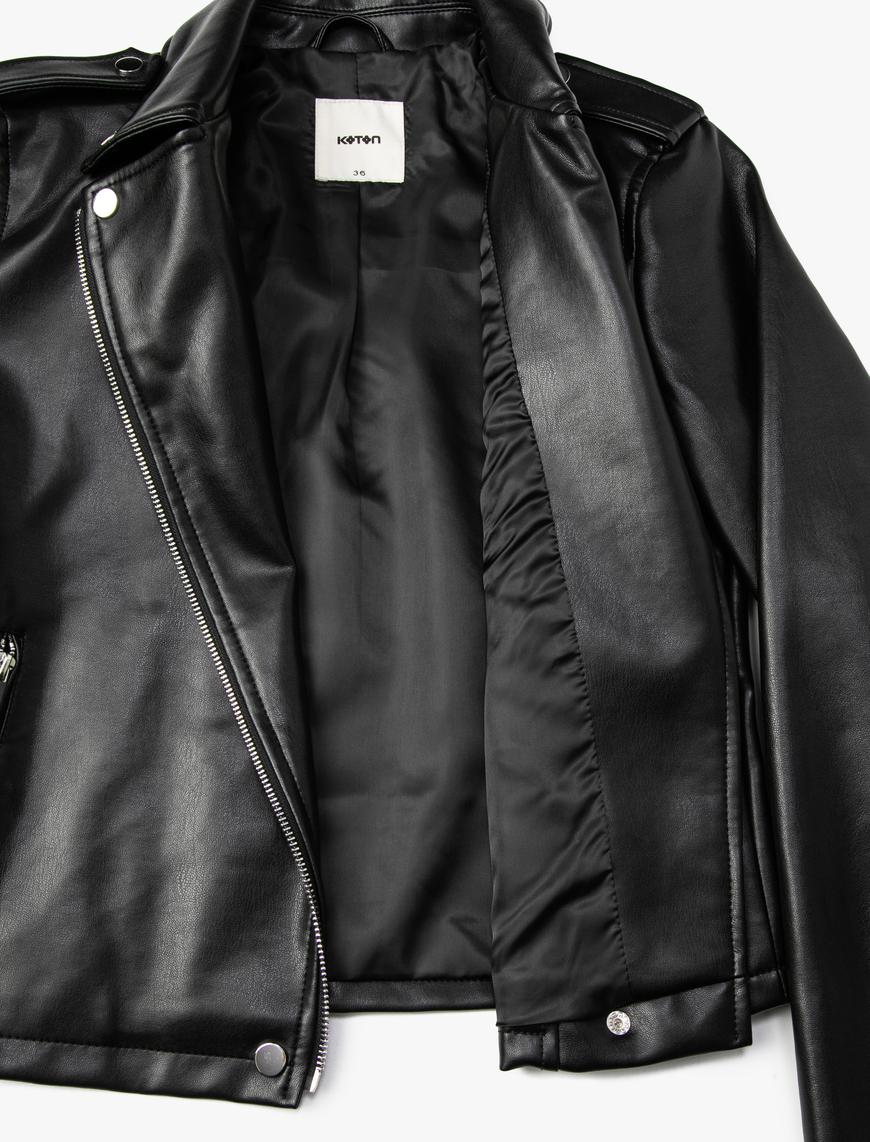   Biker Ceket Suni Deri Fermuarlı Çıtçıt Detaylı
