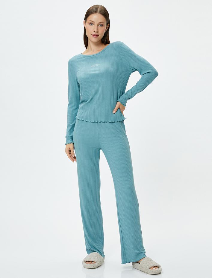  Pijama Altı Beli Lastikli Dokulu Düz Paça