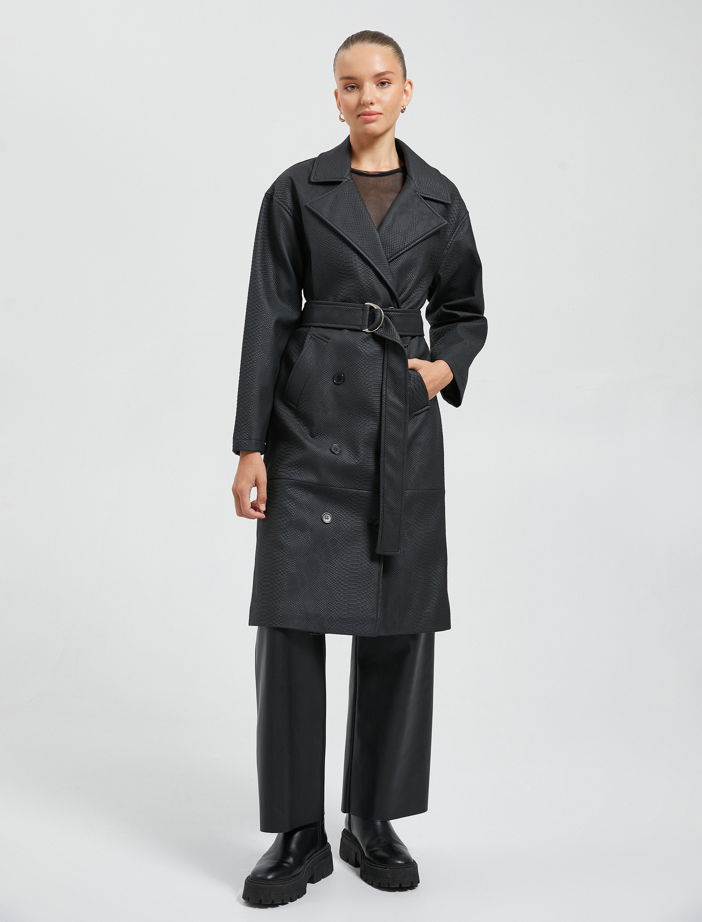   Trençkot Krokodil Görünümlü Kruvaze Düğmeli Kemer Detaylı Cepli