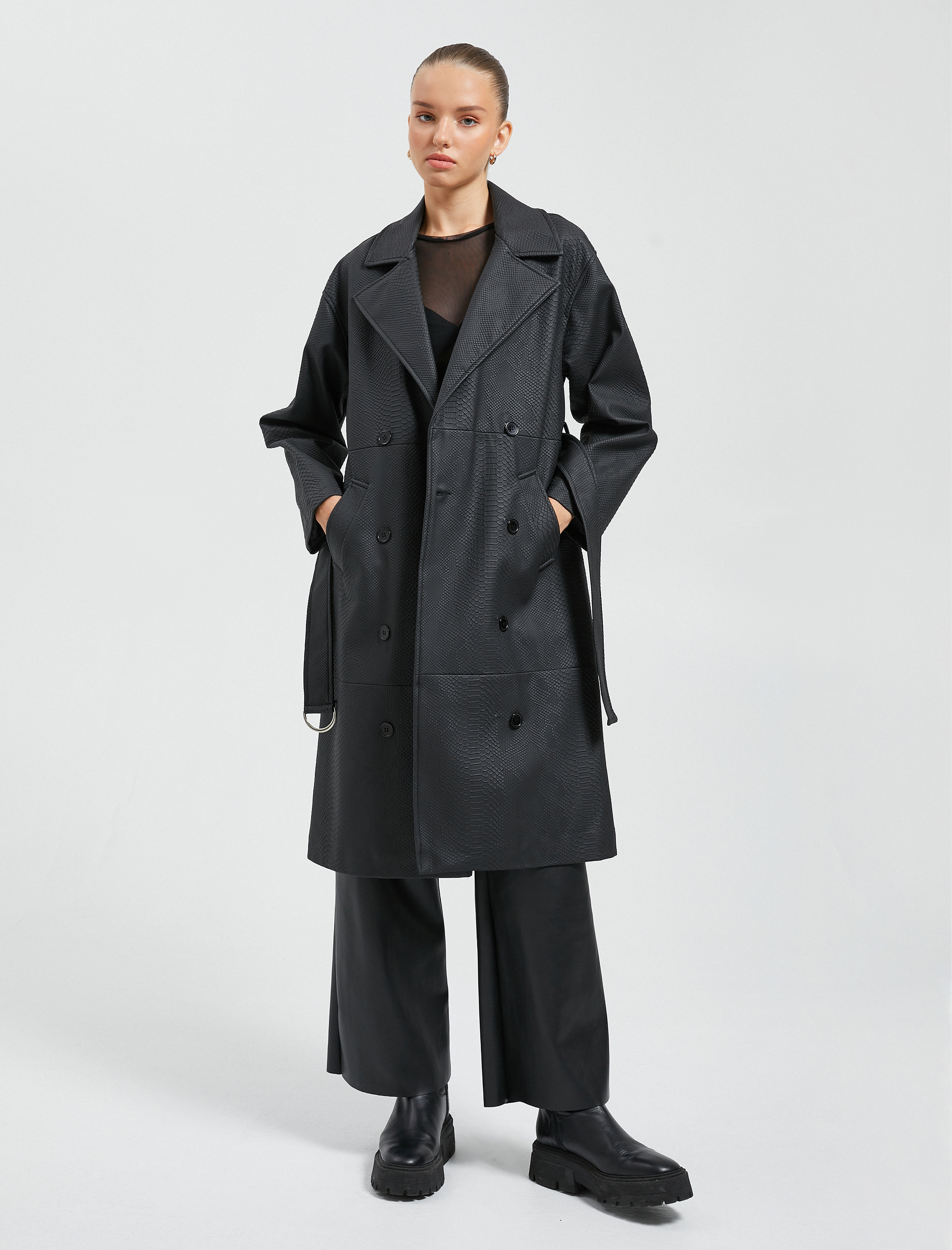   Trençkot Krokodil Görünümlü Kruvaze Düğmeli Kemer Detaylı Cepli