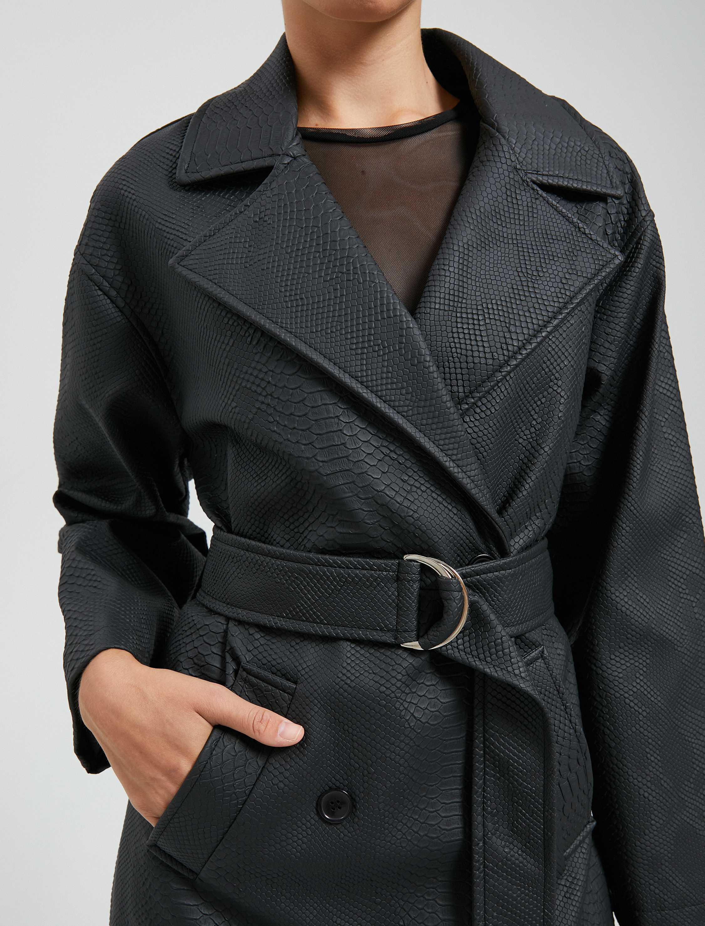   Trençkot Krokodil Görünümlü Kruvaze Düğmeli Kemer Detaylı Cepli